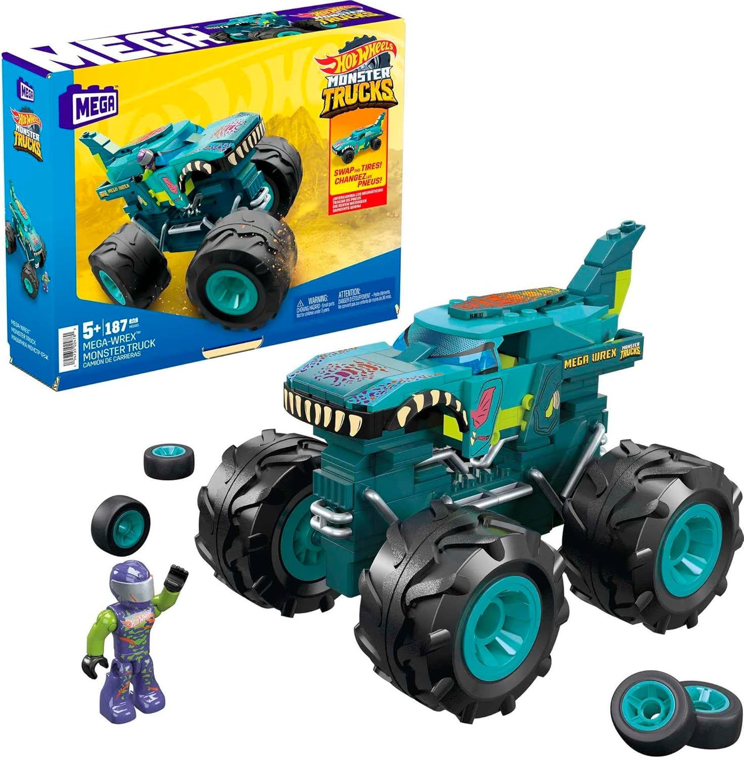 ​Mega Hot Wheels Mega Wrex Monster Truck Building Set with 187 Pieces with Micro Figure Driver Figure image number 4