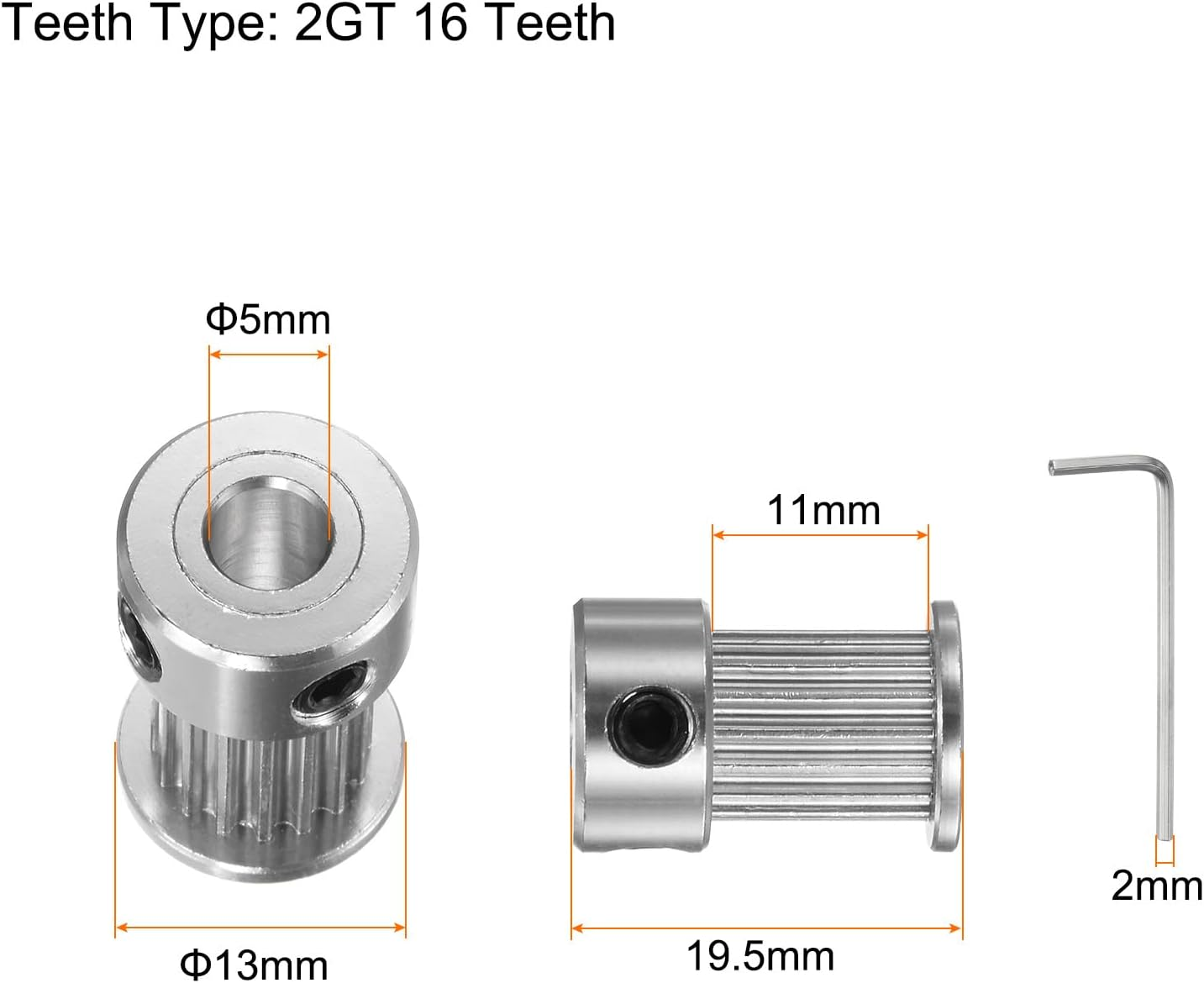 Uxcell 5Pcs 2GT Timing Pulley 16 Teeth 5Mm Bore 13Mm Dia. Aluminum Timing Belt Pulley with 2Mm Hex Key Wrench for 10Mm Width Belt 3D Printer CNC Machine Accessories, Silver Tone image number 1