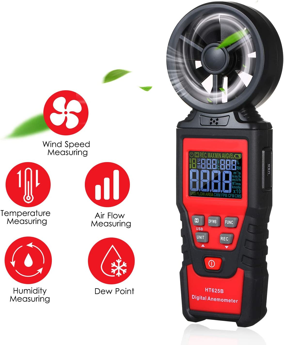 AUTENS Digital Anemometer Humidity Temperature Testers with USB Data Logging, LCD Color Screen, Wind Speed Meter Air Flow Meters for Measuring Wind Speed, Air Volume, MAX/MIN/AVG and Data Hold image number 1