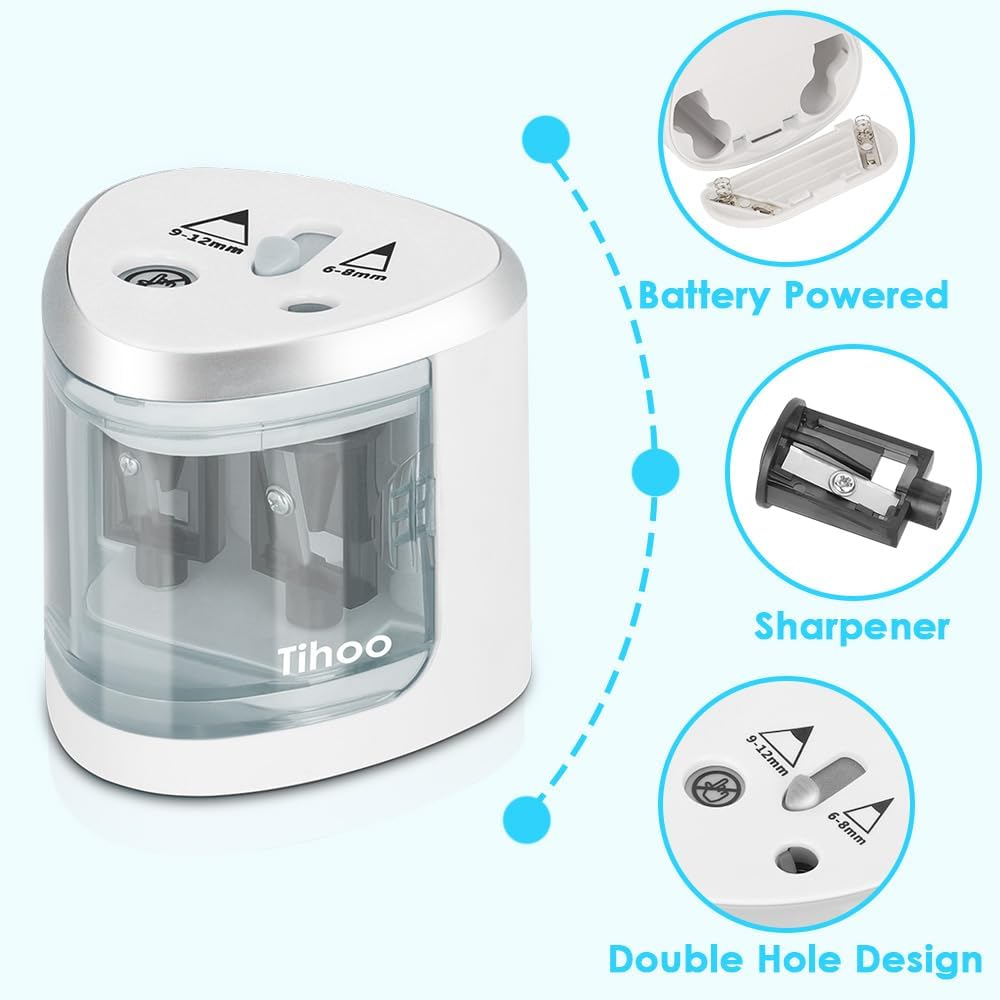 WOTOW Electric Portable Pencil Sharpener for Students, Battery Operated Double Hole Automatic Sharpeners for 6-8Mm and 9-12Mm Pencils, Ideal for School Family and Office