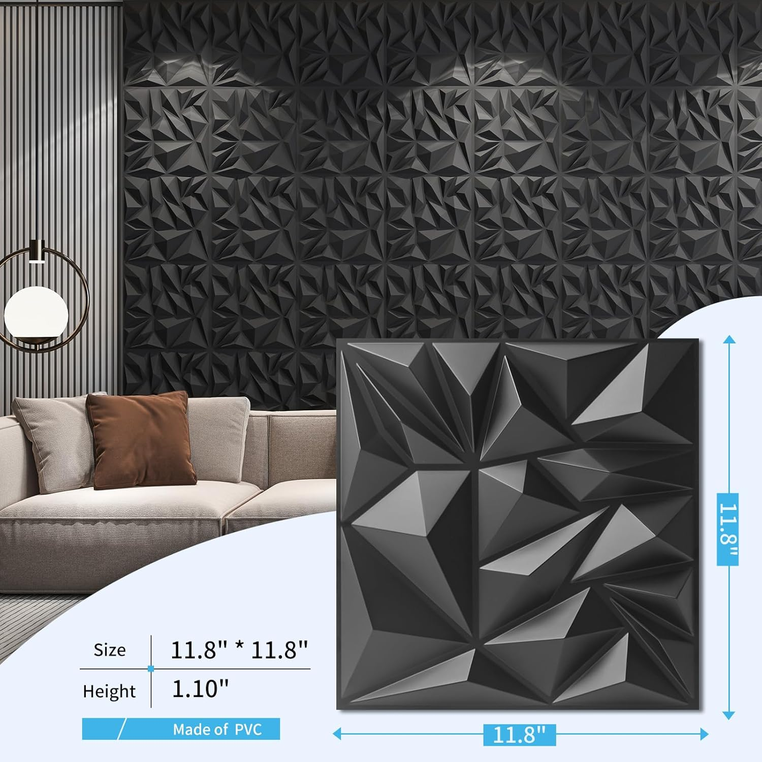Art3D 33-Pack 3D Wall Panels for Interior Wall Decor, Modern Diamond Textured Accent Wall Paneling for Gaming Living Room TV Wall Background - 30 X 30 CM, Black image number 6