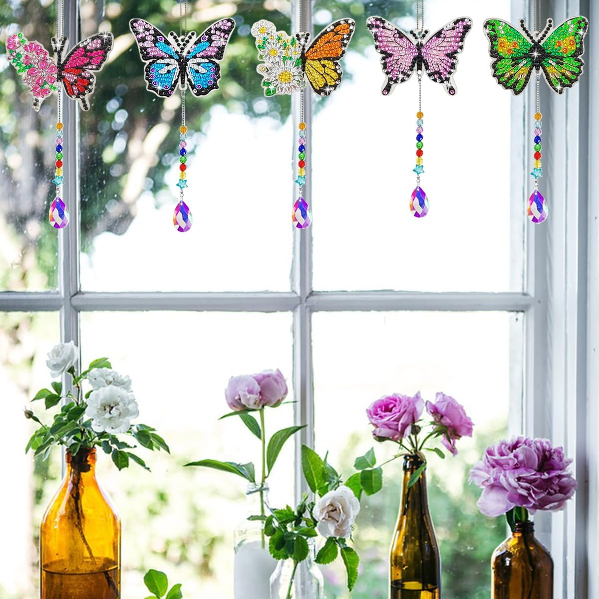 10 Set Butterfly Diamond Art Painting Wind Chimes, Finegood 5D Diamond Art Crystal Suncatcher Kits Double Sided Hanging Sun Catchers for Windows Garden Home Decor image number 5
