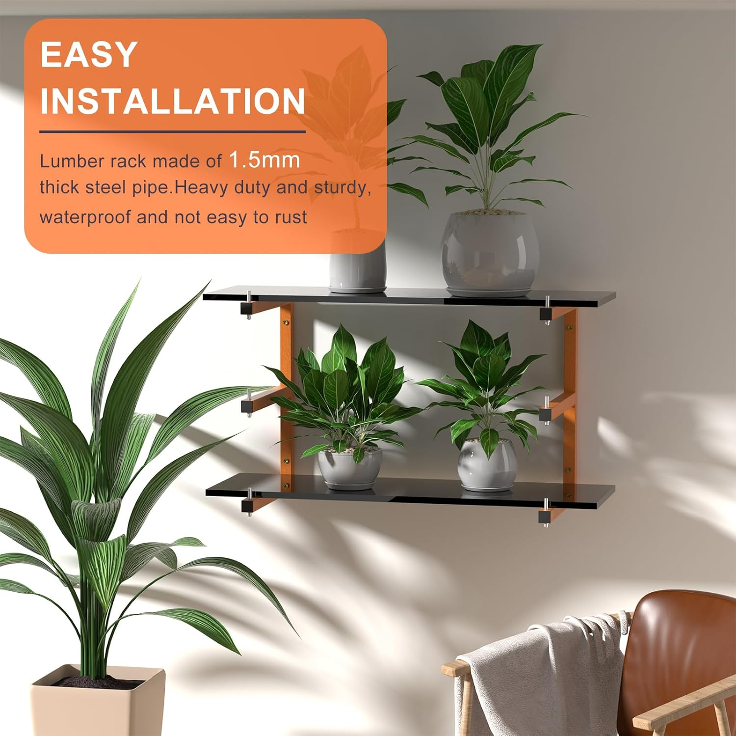 4 PACK Lumber Rack Wall-Mounted Lumber Storage Rack, Heavy Duty Wood Storage Racks with 6-Level System, 1320 LB Sturdy Garage Wood Organizer, Hanging Orange Lumber Metal Racks for Indoor & Outdoor image number 4