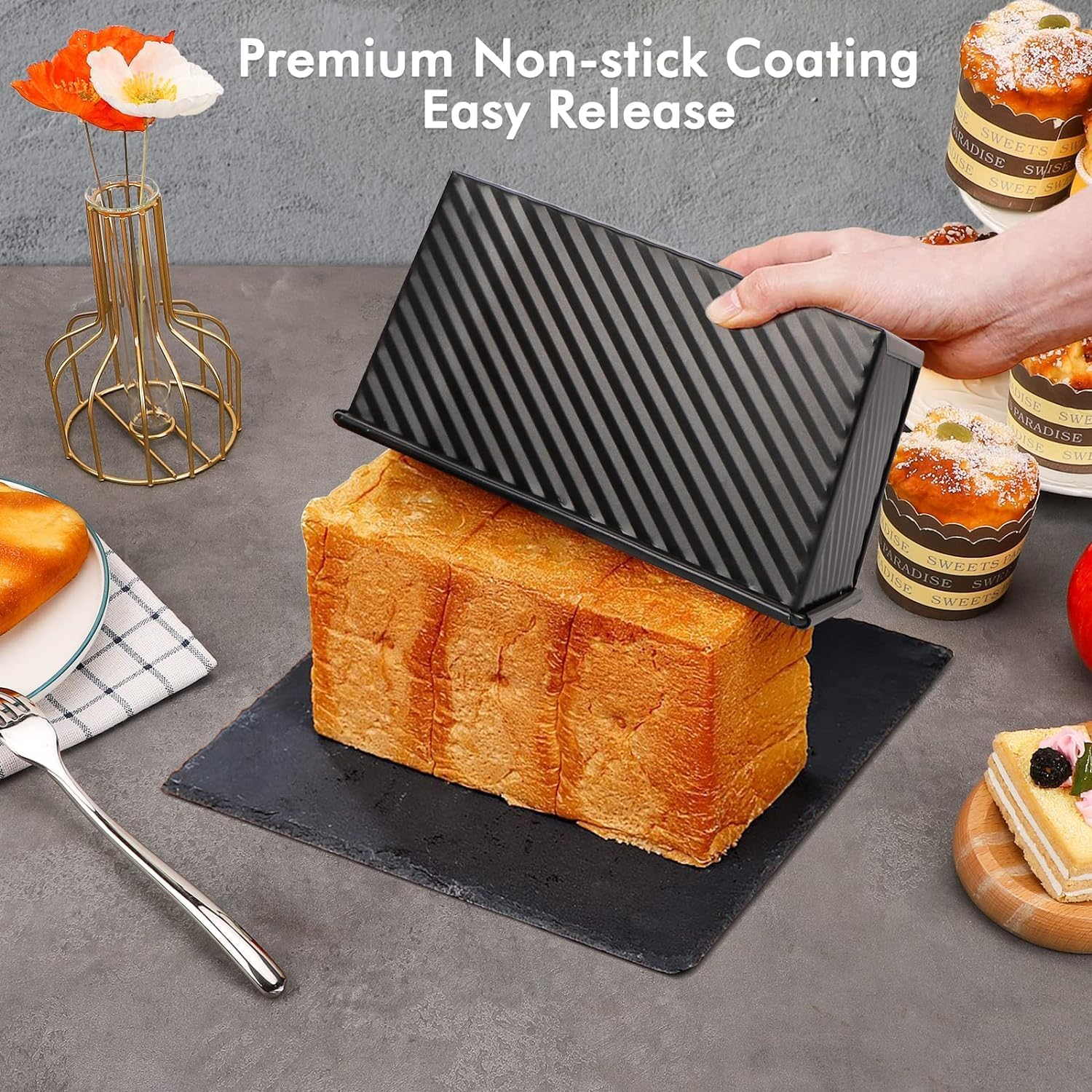 Loaf Pan with Lid, Non-Stick Bread Pans Bakeware, 1Lb Dough Carbon Steel Baking Bread Toast Mold,Corrugated Toast Box for Oven Baking, Big Capacity Baking Tool (Black)
