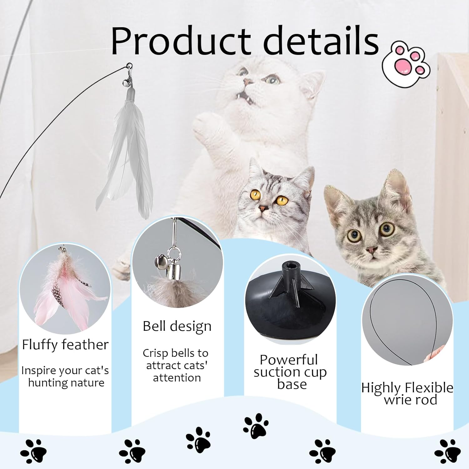LELE LIFE 2 X Interactive Cat Toy Stick, Removable Cat Toy, Self Game with Strong Suction Cup, Automatic Kitten Toy with 6 Pieces Cat Feather Toy Bells, Refills image number 1