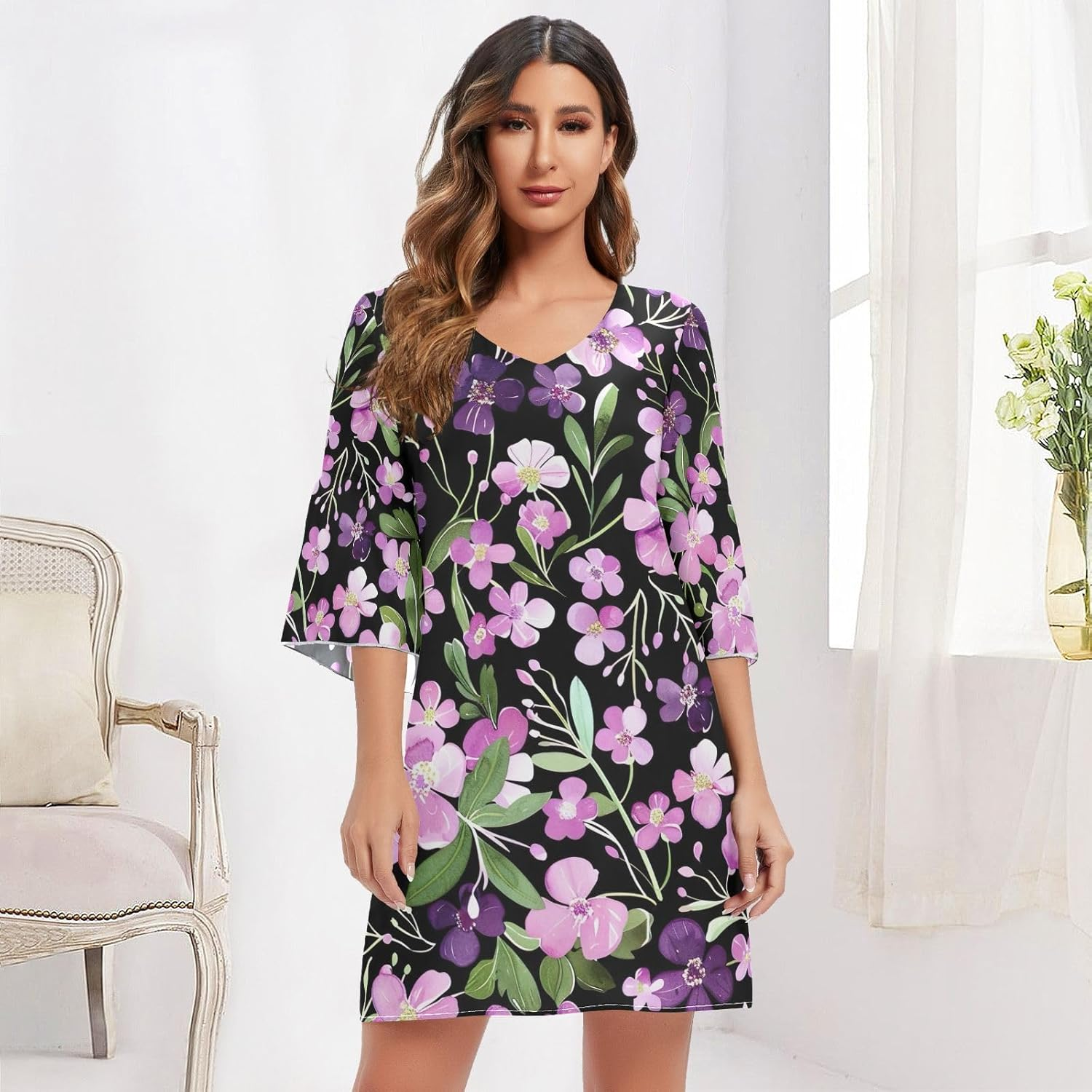 Floral Purple V Neck Dress Printed Line Maternity Dress S-XXL image number 4