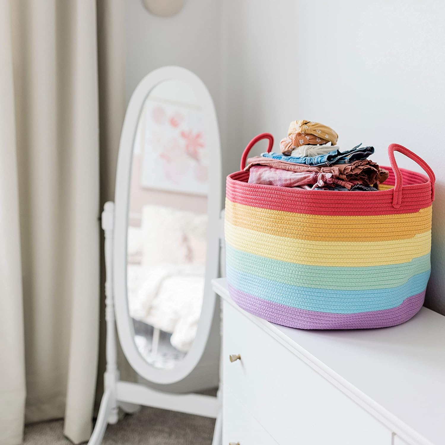Organihaus Storage Basket for Children'S Room & Living Room, Braided Cotton Basket with Handle, Laundry Hamper for Blankets, Toys, Clothes, Foldable & Stable - 50 X 33 Cm, Rainbow