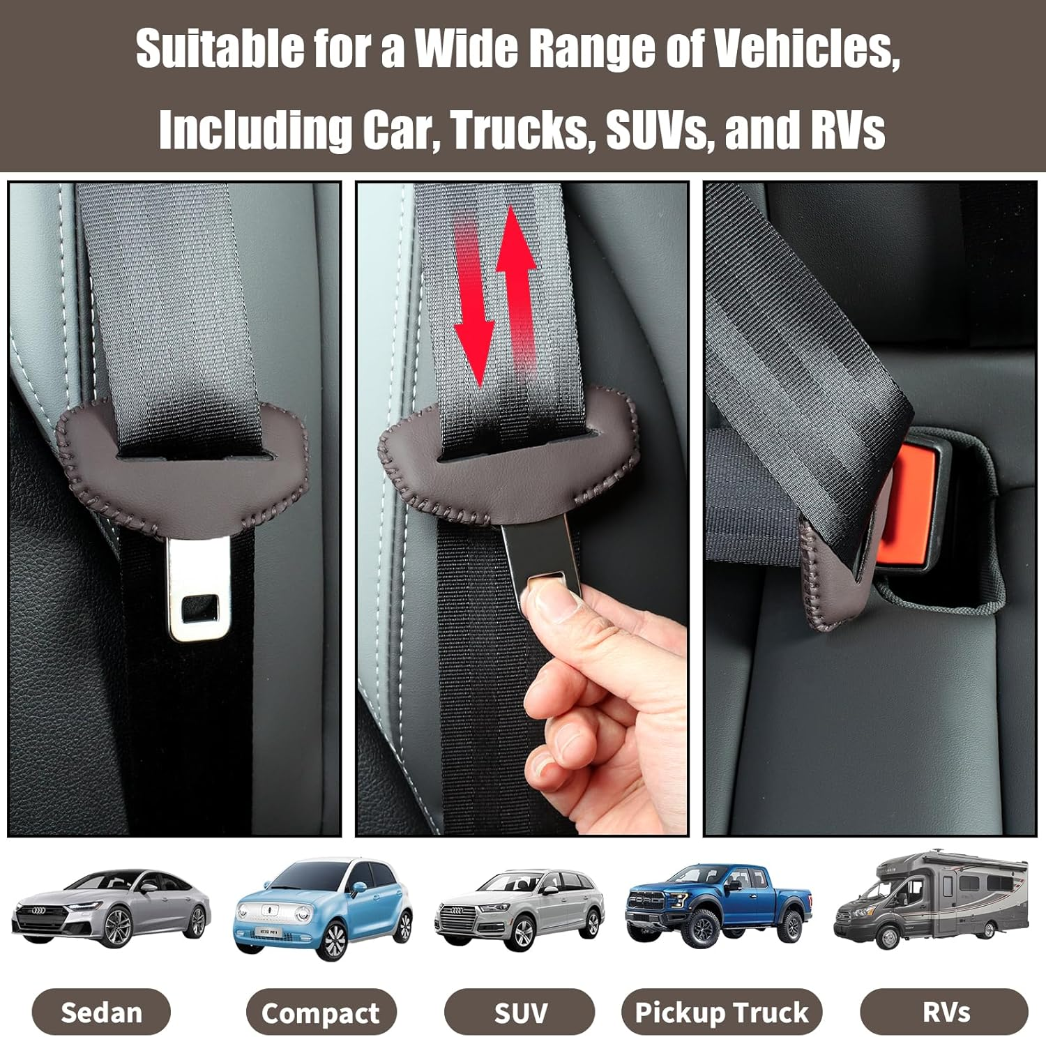 5PCS Seats Belt Buckle Cover,Car Seats Belt Fixing Buckle Decorate Protector Leather Cover,Seats Belt Silencer Clip Holster,Seats Belt Buckle Cover for Most Vehicles -Brown - Black-2 image number 6