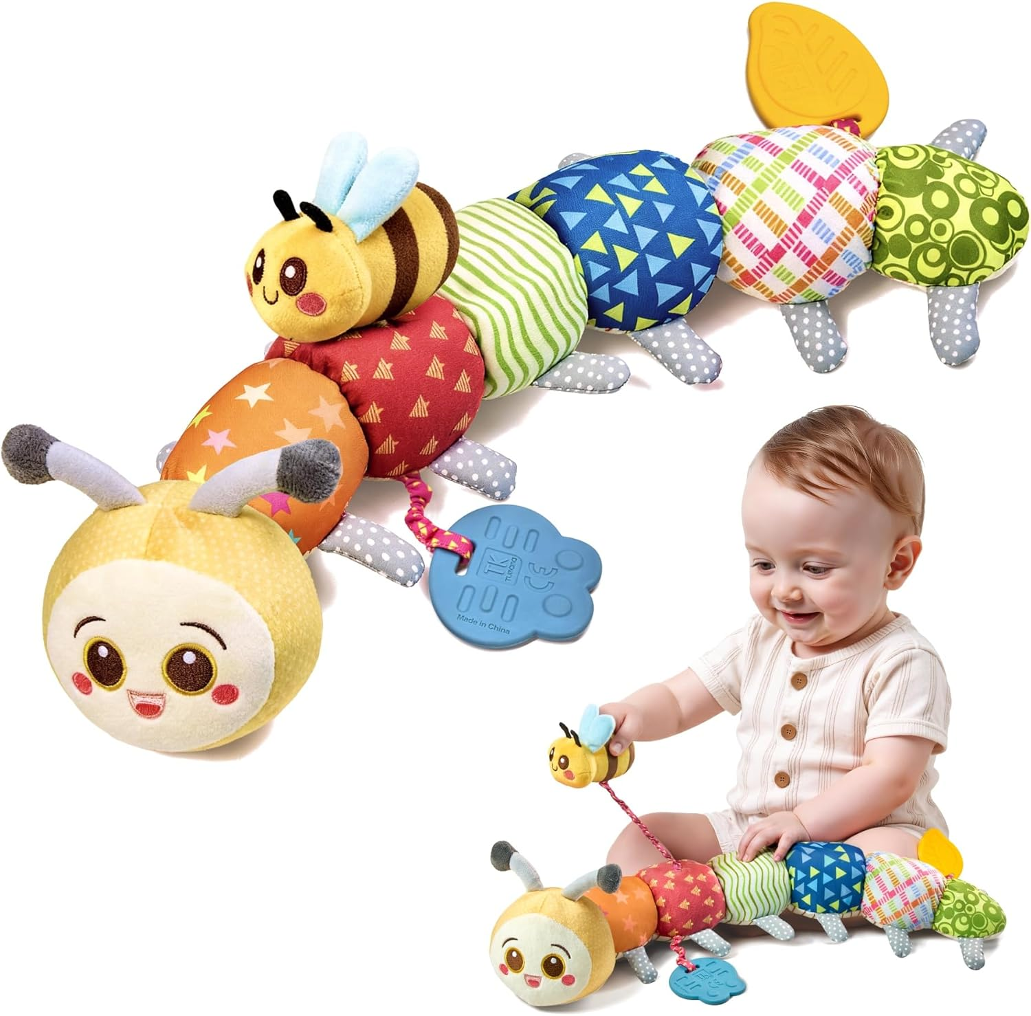 TUMAMA Caterpillar Sensory Toys,Infant Stuffed Animal with Crinkle Paper Rattle,Tummy Time Soft Activity Sensory Toys for 0 3 6 9+ Months Newborn Baby image number 2