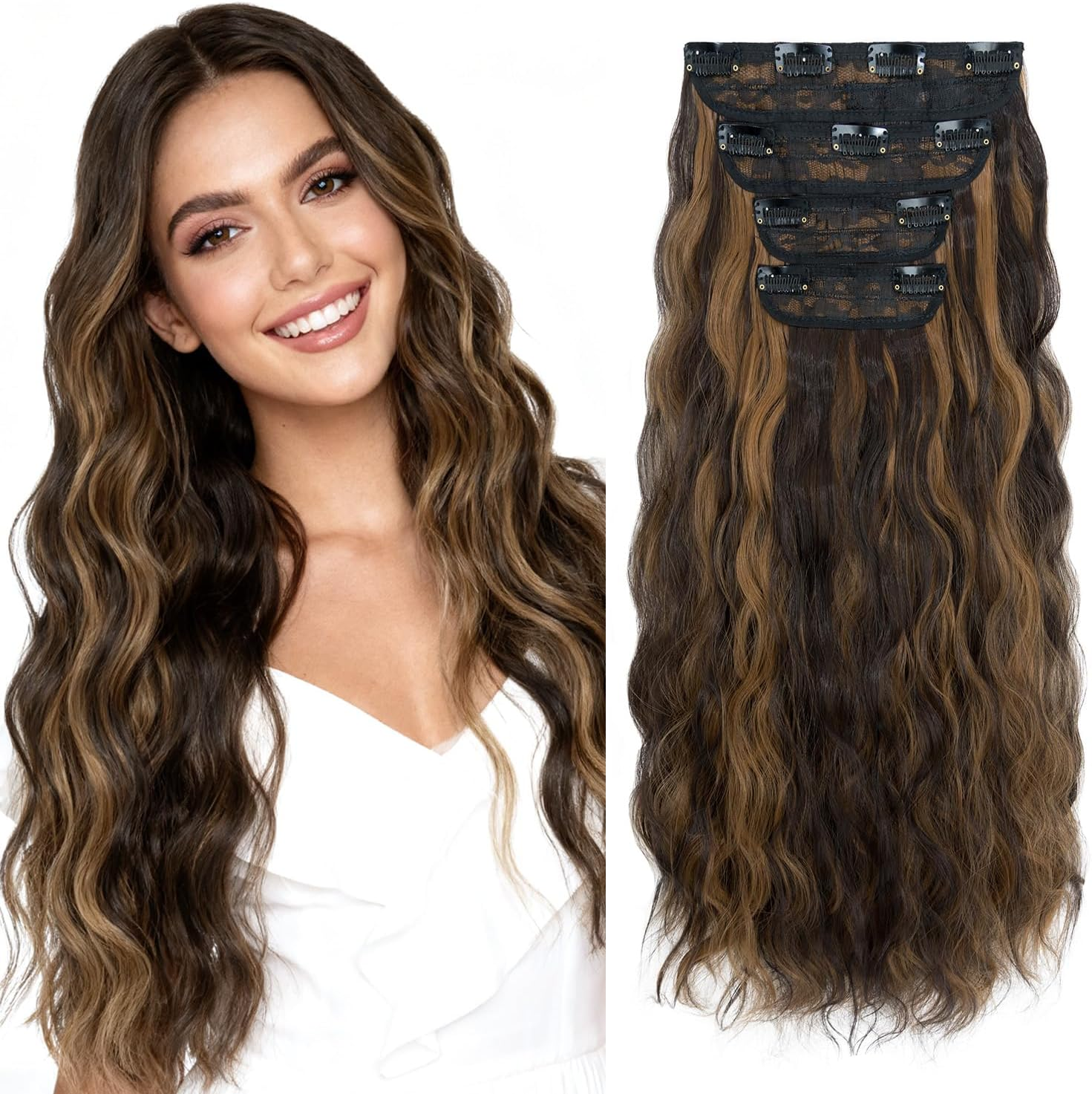 Hairro Clip in Hair Extensions, 20 Inch Long Wavy Hairpieces, Natural & Soft, 4PCS Black Mixed Light Brown Hair Extensions, 200G
