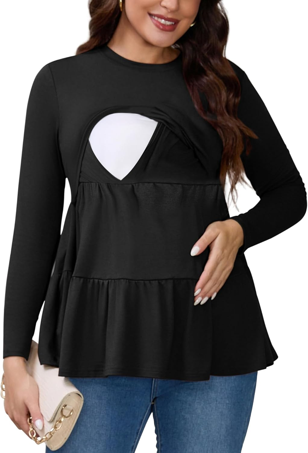 Cheibear Womens Nursing Top Ruffle Pleated Long Sleeve Tunic Rayon Postpartum Breastfeeding Shirt Pregnancy Clothes Black Large image number 2