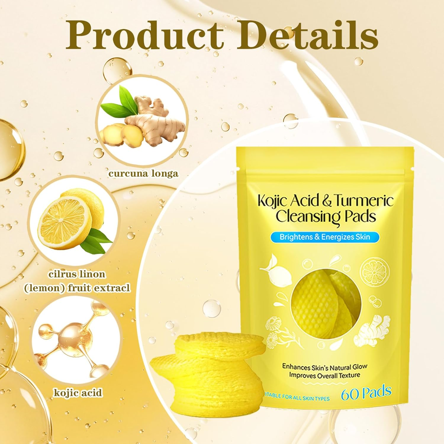 120Pcs Turmeric Kojic Acid Cotton Pads for Face,Deep Cleaning and Oil Controlexfoliating Pads,Arbutin Effectively Cleans the Stratum Corneum，Yellow image number 4