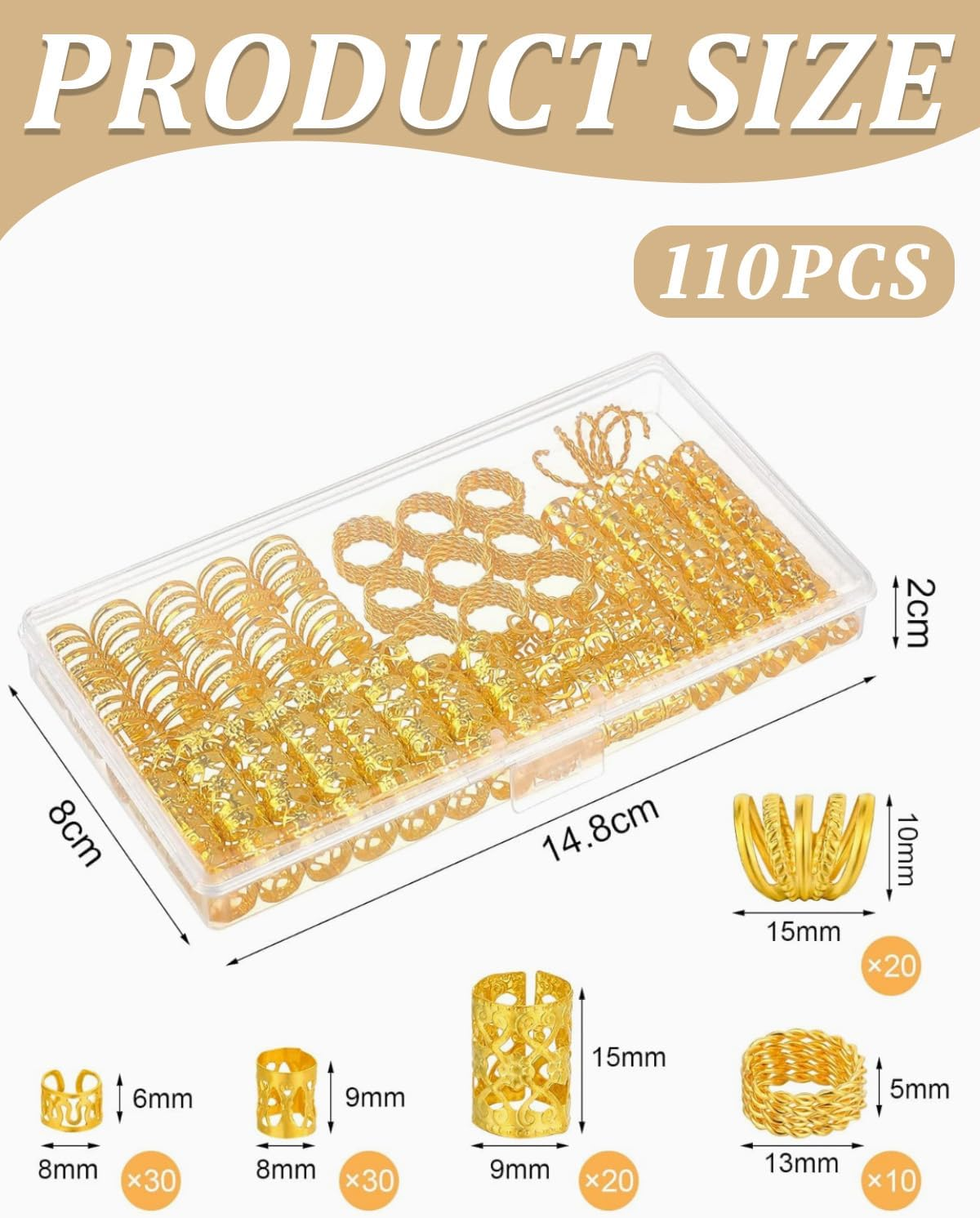 KGDUYC Pack of 110 Dreadlocks Jewellery Hair Accessories for Braids, Aluminium Hair Rings for Braids, Jewellery, Adjustable for Men and Women, Woven Hair Accessories, Gold, Dreadlocks Jewellery, Hair image number 1