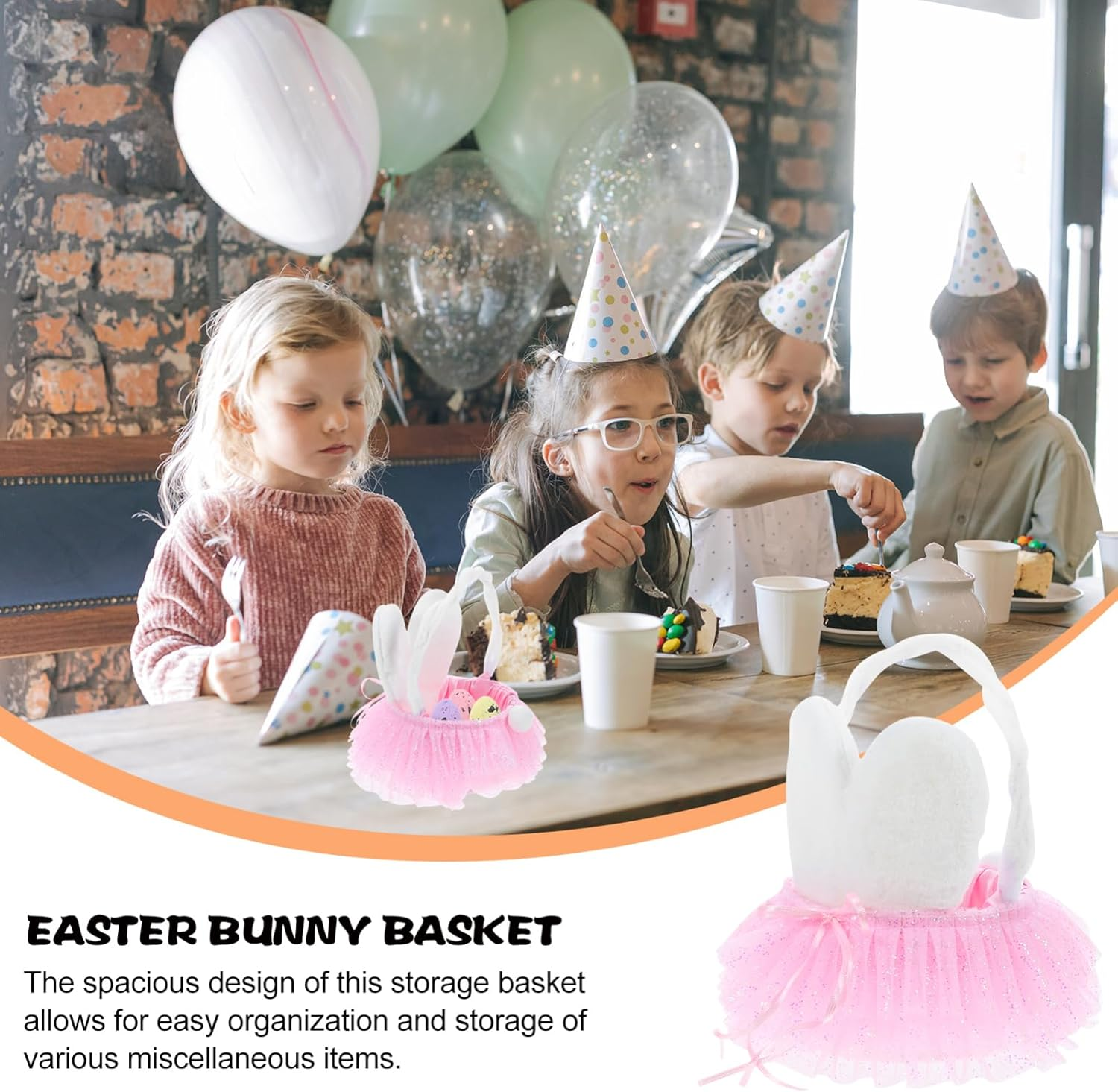 JOINPAYA Tutu Easter Bunny Ears Basket: Ruffled Shining Tulle with Fluffy Bunny Ears Basket with Handle for Girls Boys Party Favors Easter Basket Fillers Easter Eggs Hunt Easter Decorations image number 1