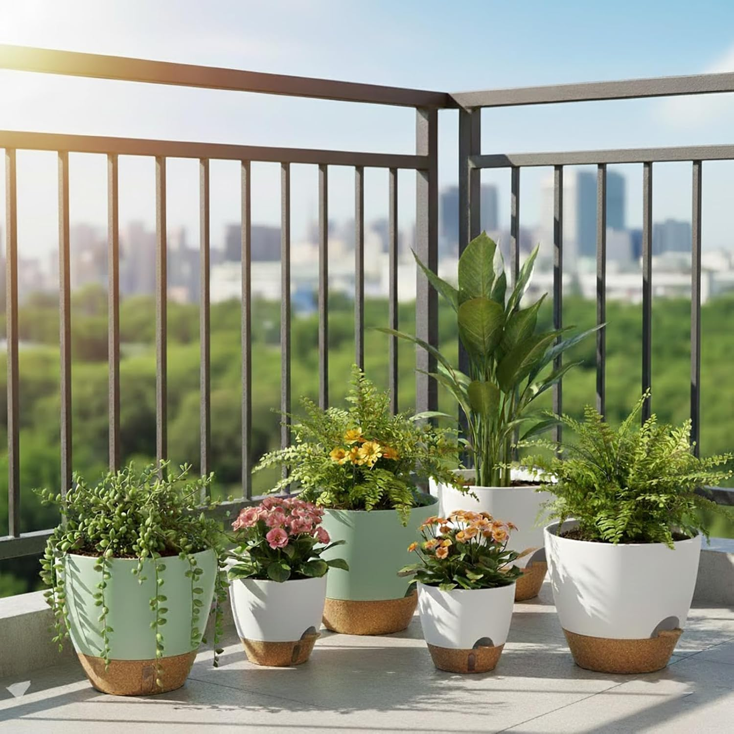 2 Pack 12 Inch Self Watering Plant Pots with Drainage Holes, Uv-Resistant Plastic Planters for Indoor Outdoor Plants, Modern Flower Pots with Tray (White) - White image number 5