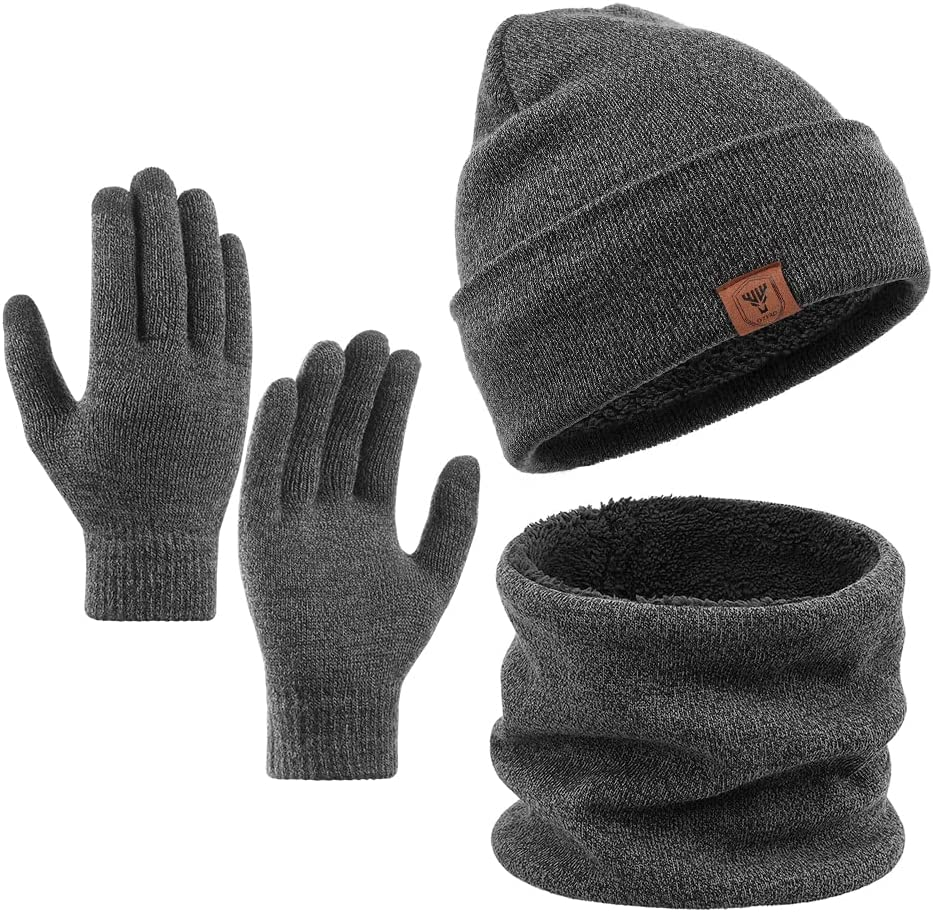 OZERO Winter Beanie Gloves Scarf Set Men and Women Scarf Gloves Set Winter Warm Knitted Beanie and Touch Screen Gloves(Black 3 Pieces)
