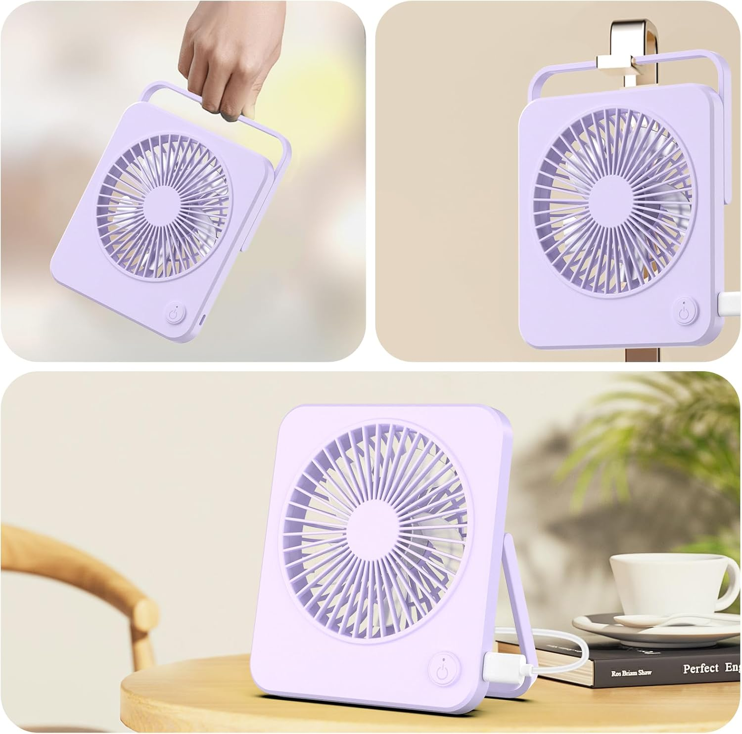 Hianjoo Mini Desk Fan, Personal USB Powered No Battery Portable Desktop Table Mini Cooling Fan 3 Speeds Angle Adjustable Quiet Strong Wind Small Travel Fan for Home Bedroom Office Car, Lavender Purple