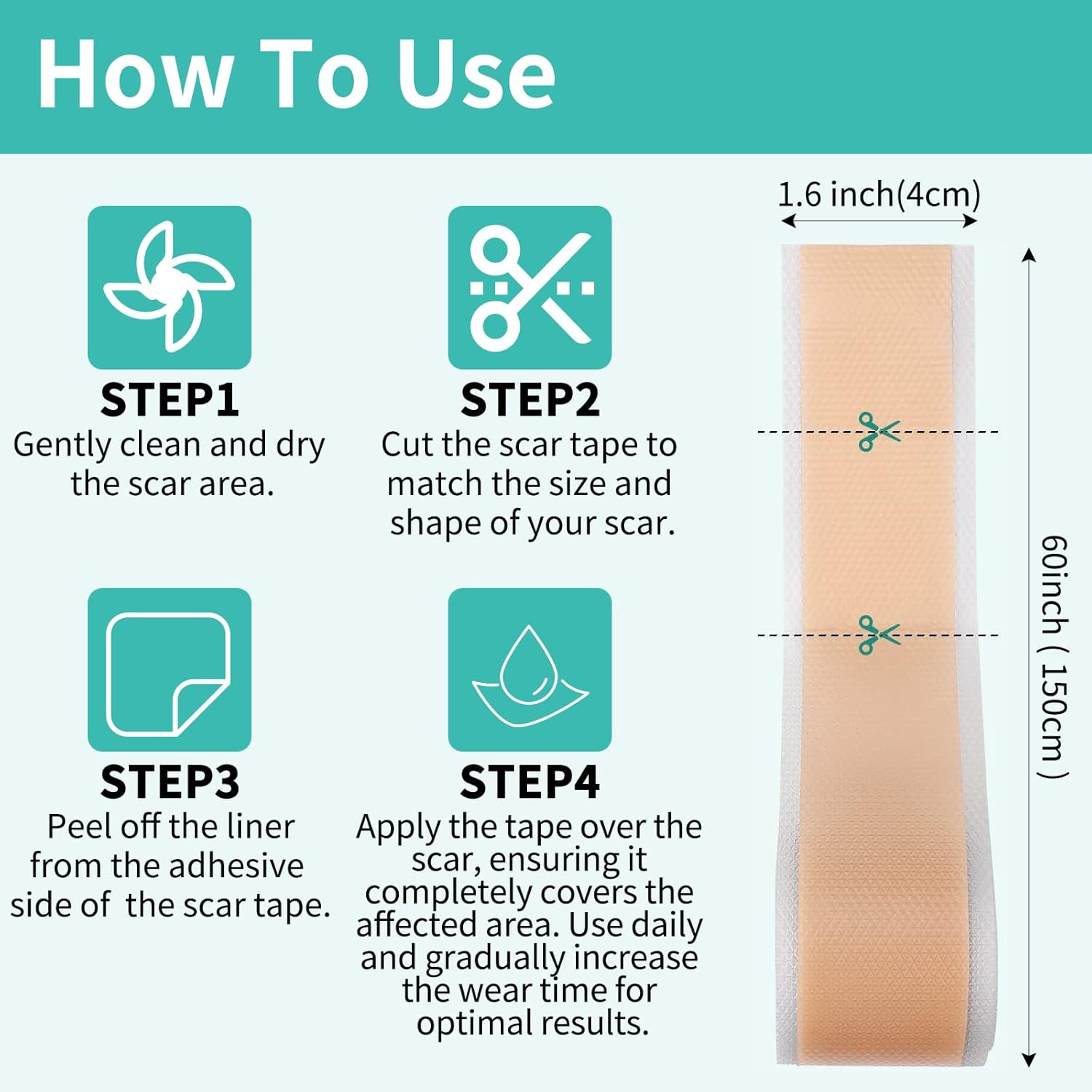 Silicone Scar Tape, Soft Silicone Scar Sheets, Reusable Medical Grade Scar Gel Patch Strips Roll for Wrinkles, Tummy Tuck, Surgical Marks, C-Section, Keloid Bump Removal, 1.6'' X 60''