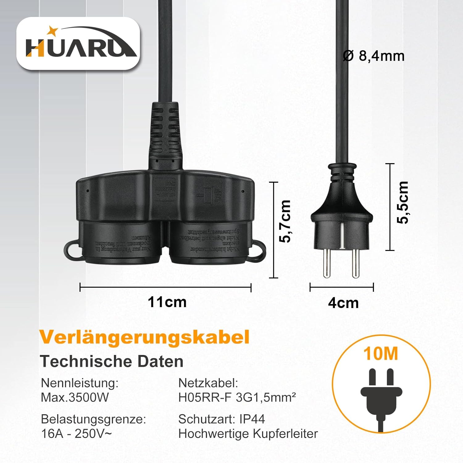 Outdoor Extension Cable 10 M with 2 Schuko Sockets, Double Extension with Protective Cap for Outdoor Use, IP44, Power Cable with Double Coupling, Rubber Cable with 2-Way Sockets, 3500 W, Black image number 3