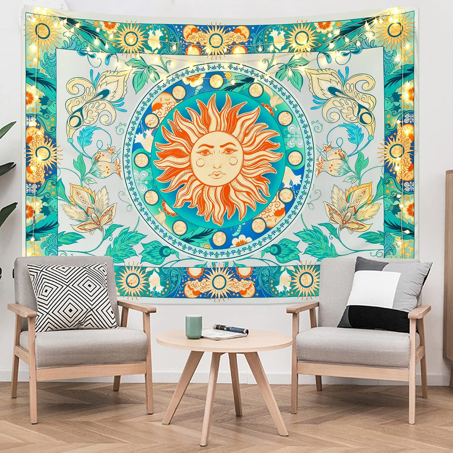 Lyacmy Burning Sun Tapestry with Flower Vines - Vintage Floral Mystic Hippie Wall Hanging for Room (Pale Cerulean, 51.2 X 59.1 Inches) image number 6