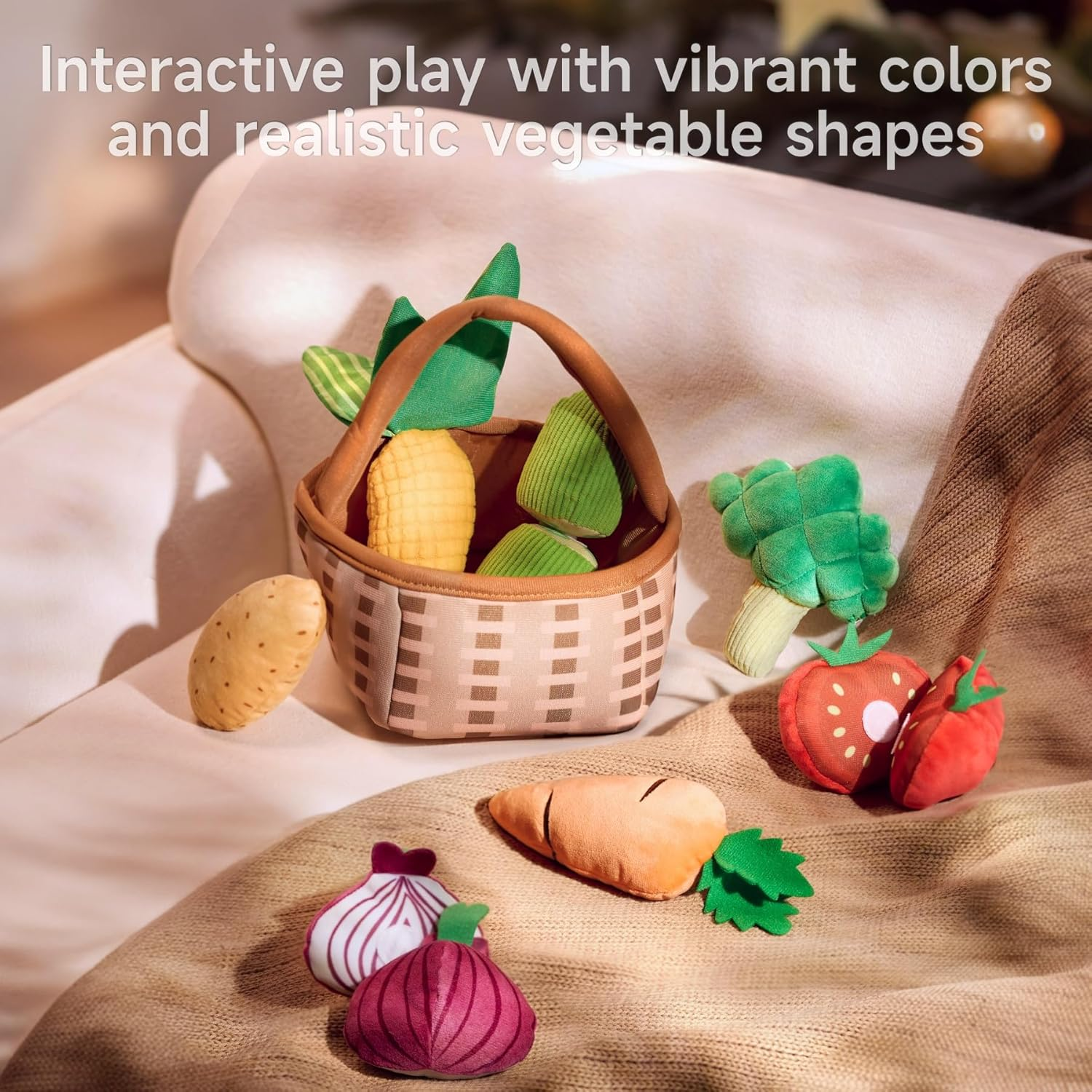 TUMAMA Baby Plush Veggie Basket Stuffed Vegetable Play Set Toys, Pretend Play Kitchen Food Sensory Educational Toys for Toddler 0M+ Months image number 6