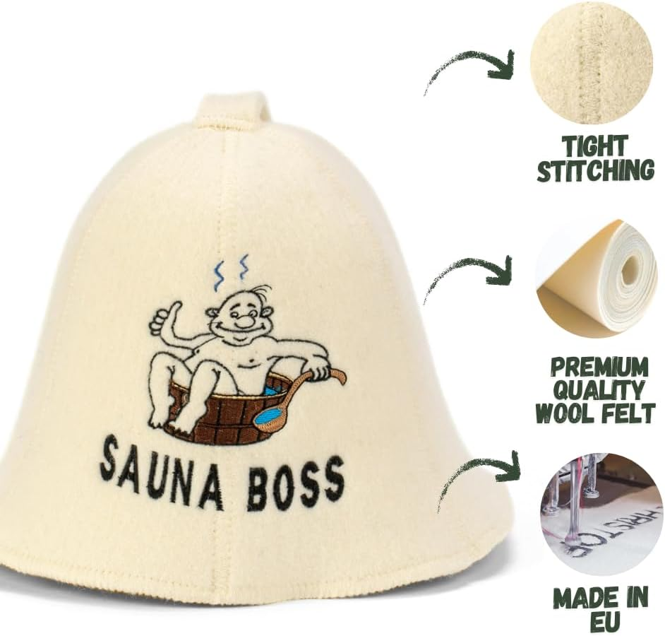 Natural Textile Sauna Boss Bucket Sauna Hat White - 100% Organic Wool Felt Hats - Protect Your Head from Heat - English Sauna E-Book Included - with Embroidery image number 1