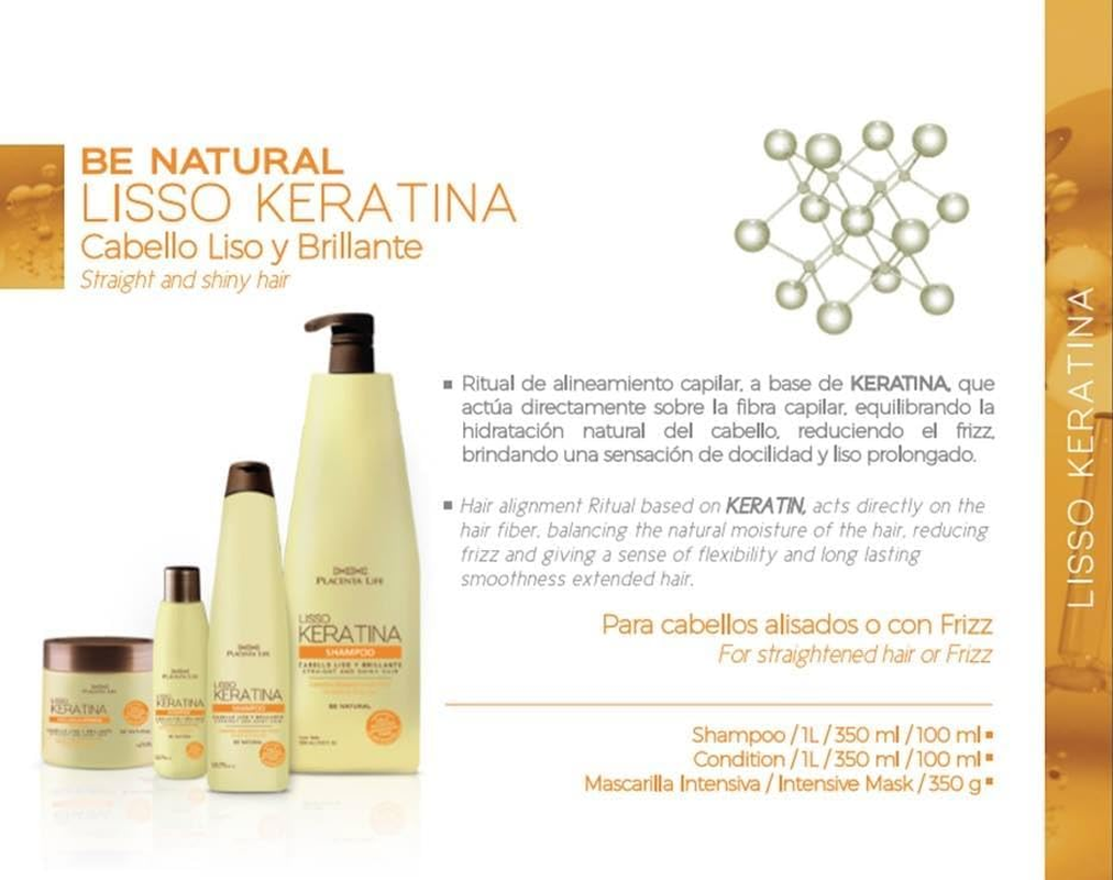 Placenta Life Be Natural Lisso Keratina Mask for Straight and Shiny Hair - 350 Ml/11.83 Fl.Oz.