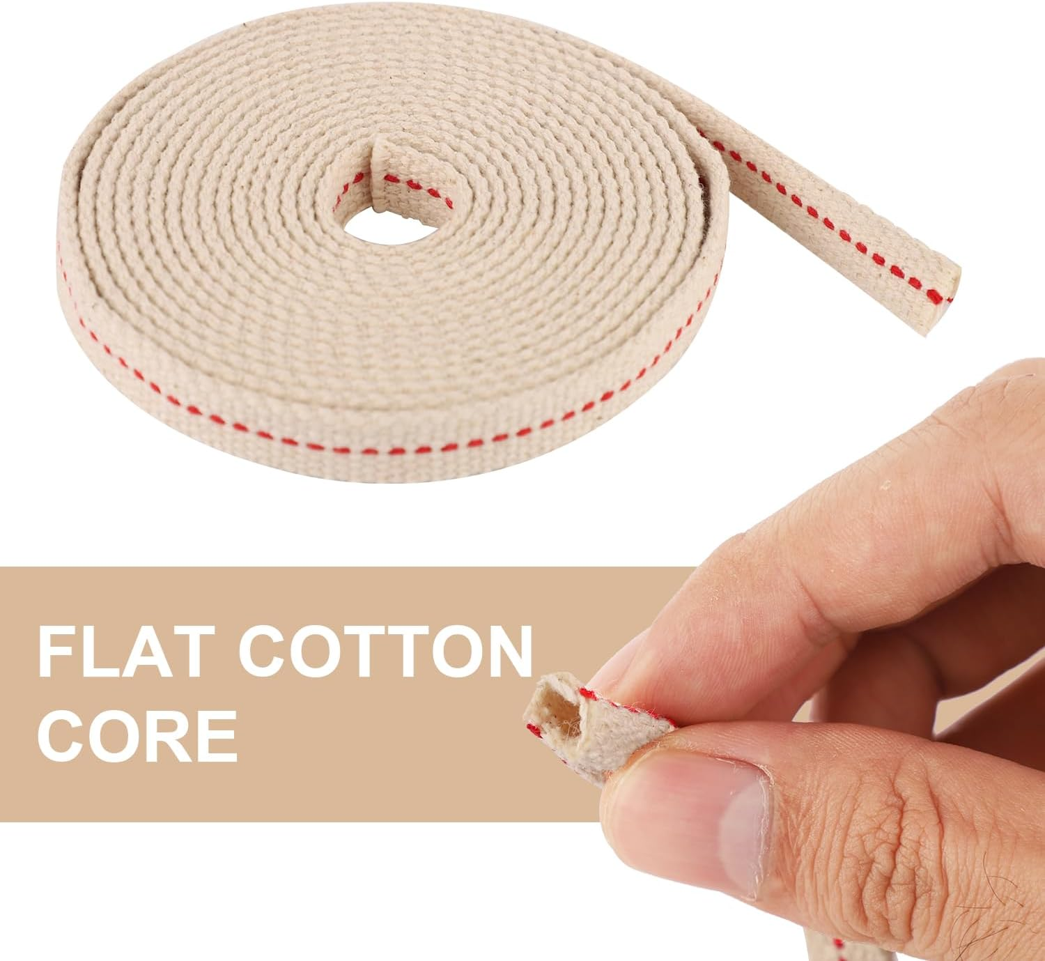 Oil Lamp Wicks, 1/2In Total Length 9.84Ft Cotton Flat Oil Lamp Wicks Cotton Flat Wick for Paraffin Oil Wicks for Oil Lamps with Red Stitch for Kerosene Paraffin Lamp(White)
