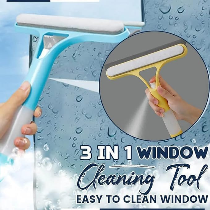 2025 New Window Cleaning Scraper 3 in 1, Squeegee for Shower Glass, Spray Function for Glass Doors and Windows, Mirrors Scraper, Brush. All-Purpose Window Cleaner Tool (Yellow+Blue+White)