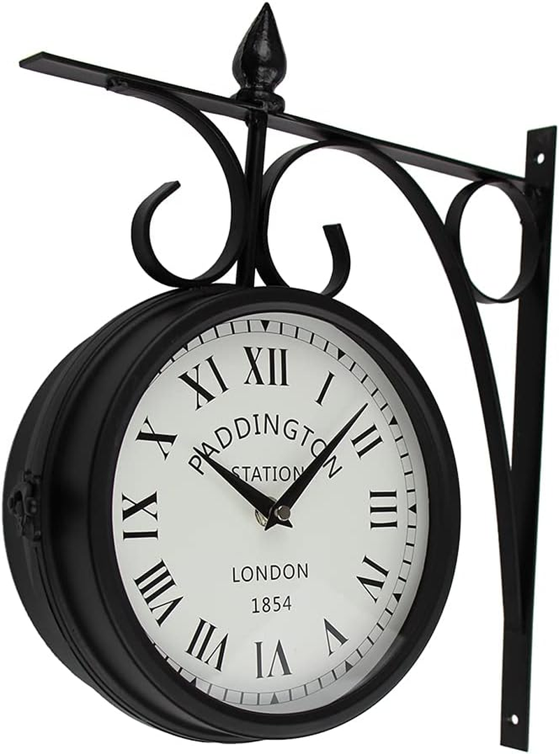 Wrought Iron Antique-Look Brown round Wall Hanging Double Sided Two Faces Retro Station Clock round Chandelier Wall Hanging Clock with Scroll Wall Side Mount Home D&eacute;cor Wall Clock (Black+White) - Copper image number 5