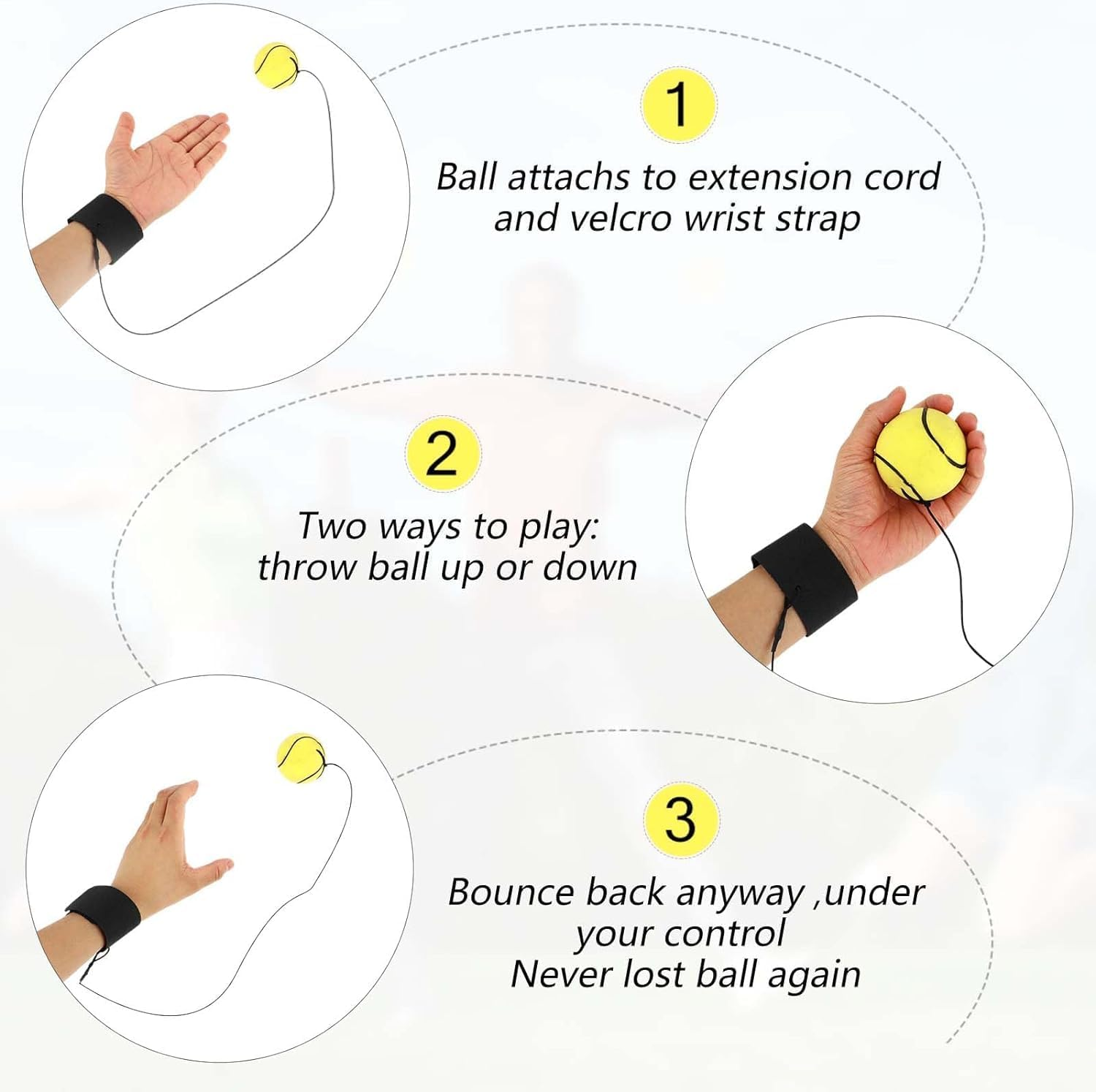 4-Piece Wrist Rebound Ball Set - 2-Inch Rubber Sports Ball for Basketball, Baseball, Football - Wrist Exercise or Play image number 2
