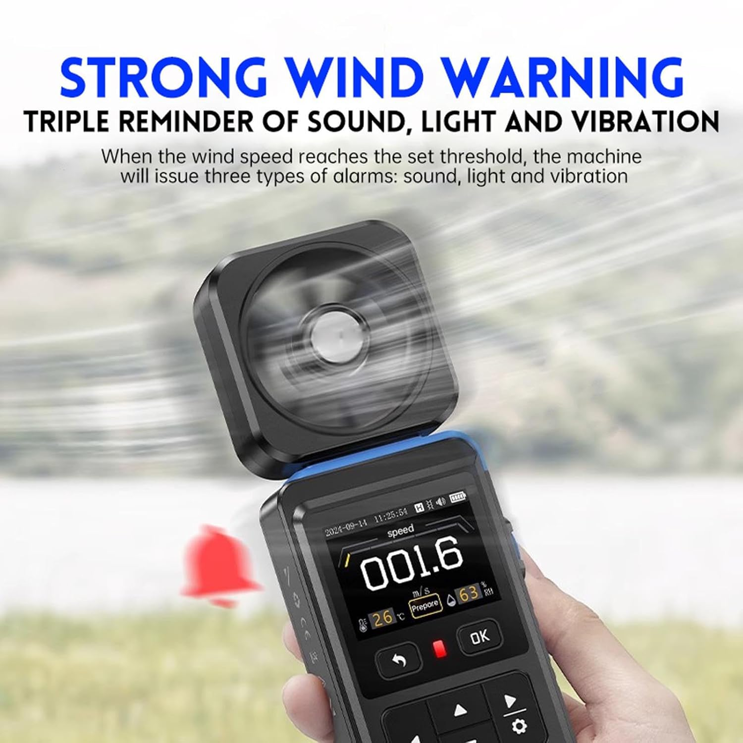 Wind Speed Meter with Fan, Adjustable Thresholds, 2.0 Inch Color Display, Rechargeable Battery, Digital Anemometer for Home Office Car HVAC Outdoor, Airflow Velocity Meter image number 2