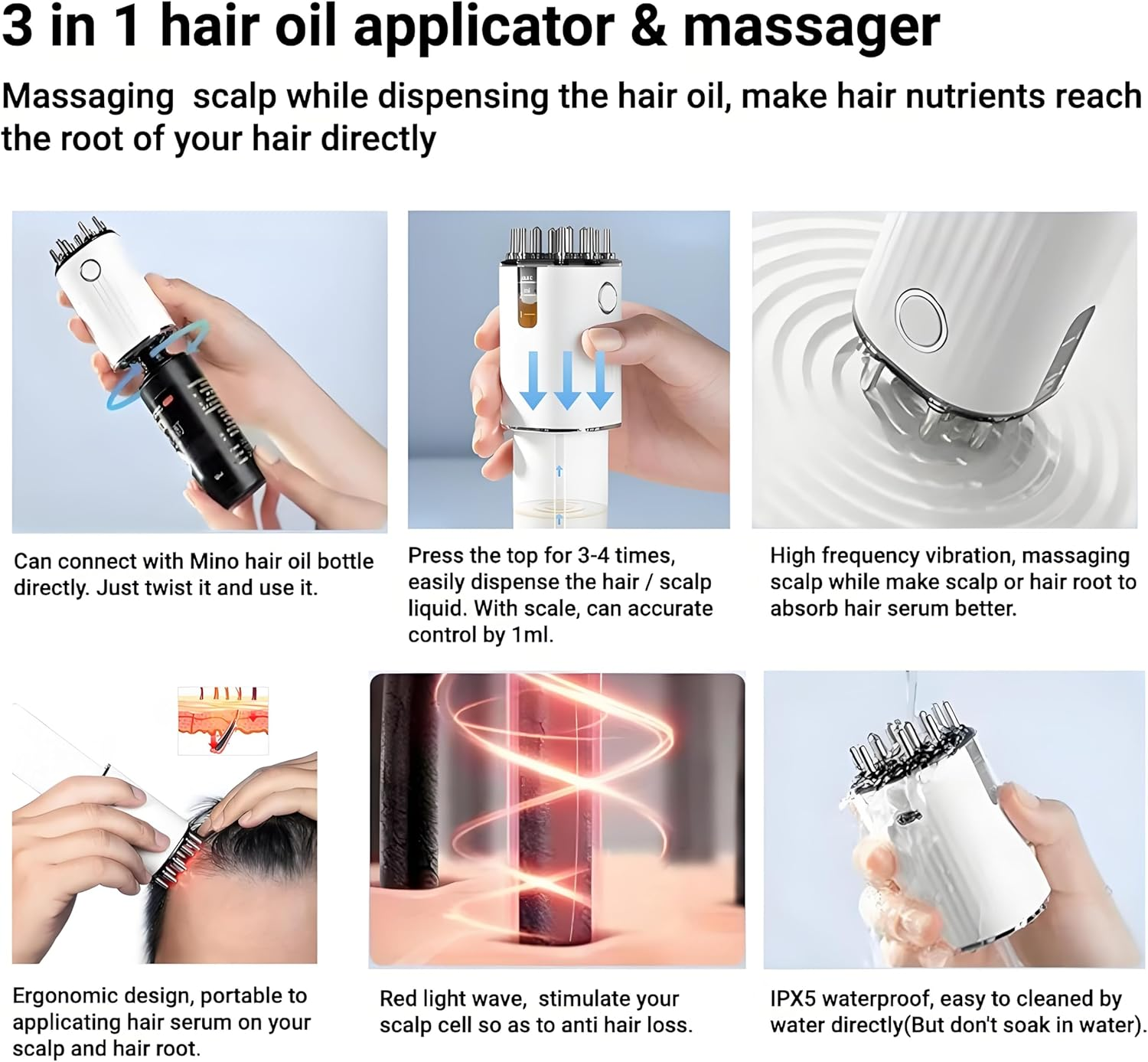 Zilynhom Scalp Massage Brush, Anti-Hair Loss Oil Dispenser with Vibration, 70 Ml Bottle, USB, Gift for Women and Men, Hair Oil Applicator for Minoxidil Hair Growth Serum, Head Massage Oil, Root Comb image number 5