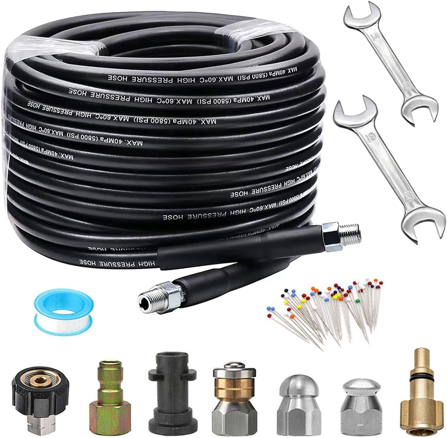 Acbbmns 30M/98.4FT Sewer Jetter Kit for Pressure Washer, 1/4 Inch NPT, 5800 PSI Drain Pipe Hose Cleaning Set, Button Nose & Rotating Sewer Jetting Nozzle image number 5