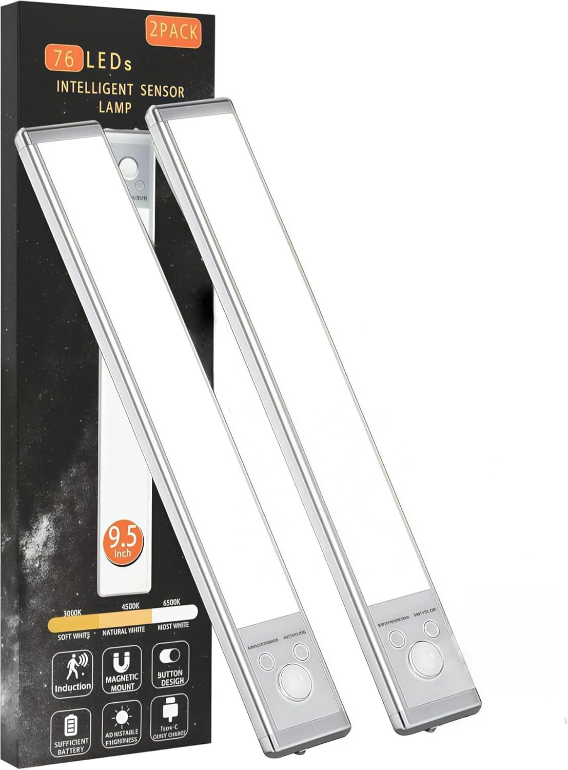 2 Pack Rechargeable under Cabinet Lighting, Indoor Motion Sensor Light, 3 Color &Dimmable Magnetic Closet Lights, 1500Ah Wireless Cabinet Lights for Kitchen, Shelf, Pantry, Hallway(24Cm) image number 1