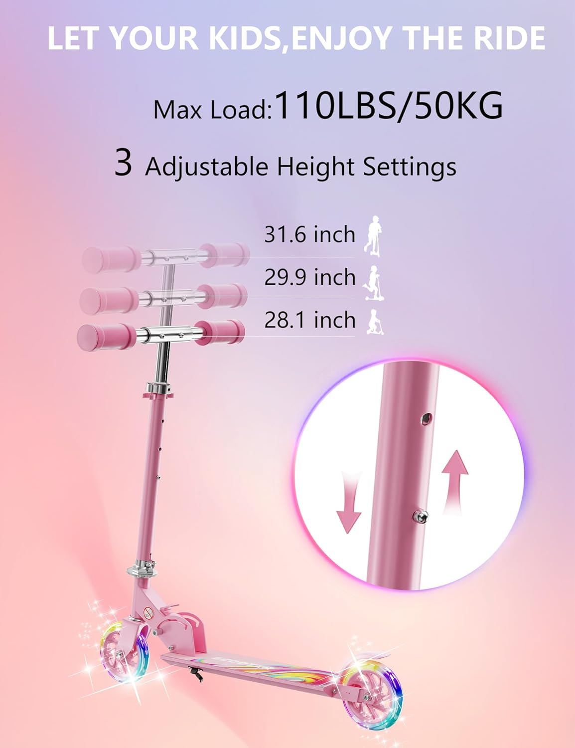 Scooter for Kids Ages 3+, 2 Wheels Kids Kick Scooter with Led Light up & 3 Levels Adjustable, Lightweight Foldable for Boys&Girls image number 6