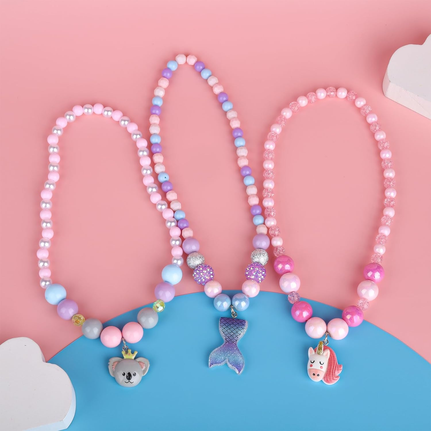 Niceup Kids Jewelry for Little Girls, Mermaid Unicorn Koala Kids Play Beaded Stretch Necklaces and Bracelets, Jewelry Gifts for Girl Toddler Princess Dress up Birthday Party Favors Party Bag Filler