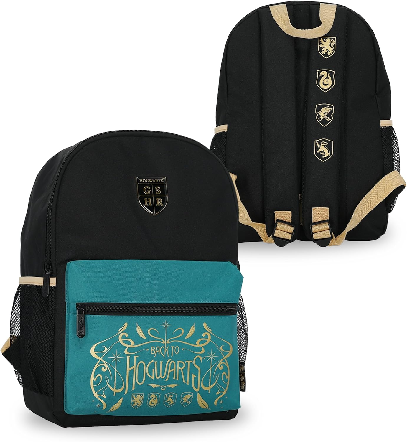 Harry Potter Hogwarts Crest Small Black Nylon Backpack for School or Kids Travel, Side Meshed Pockets, Includes Personalised Name Label