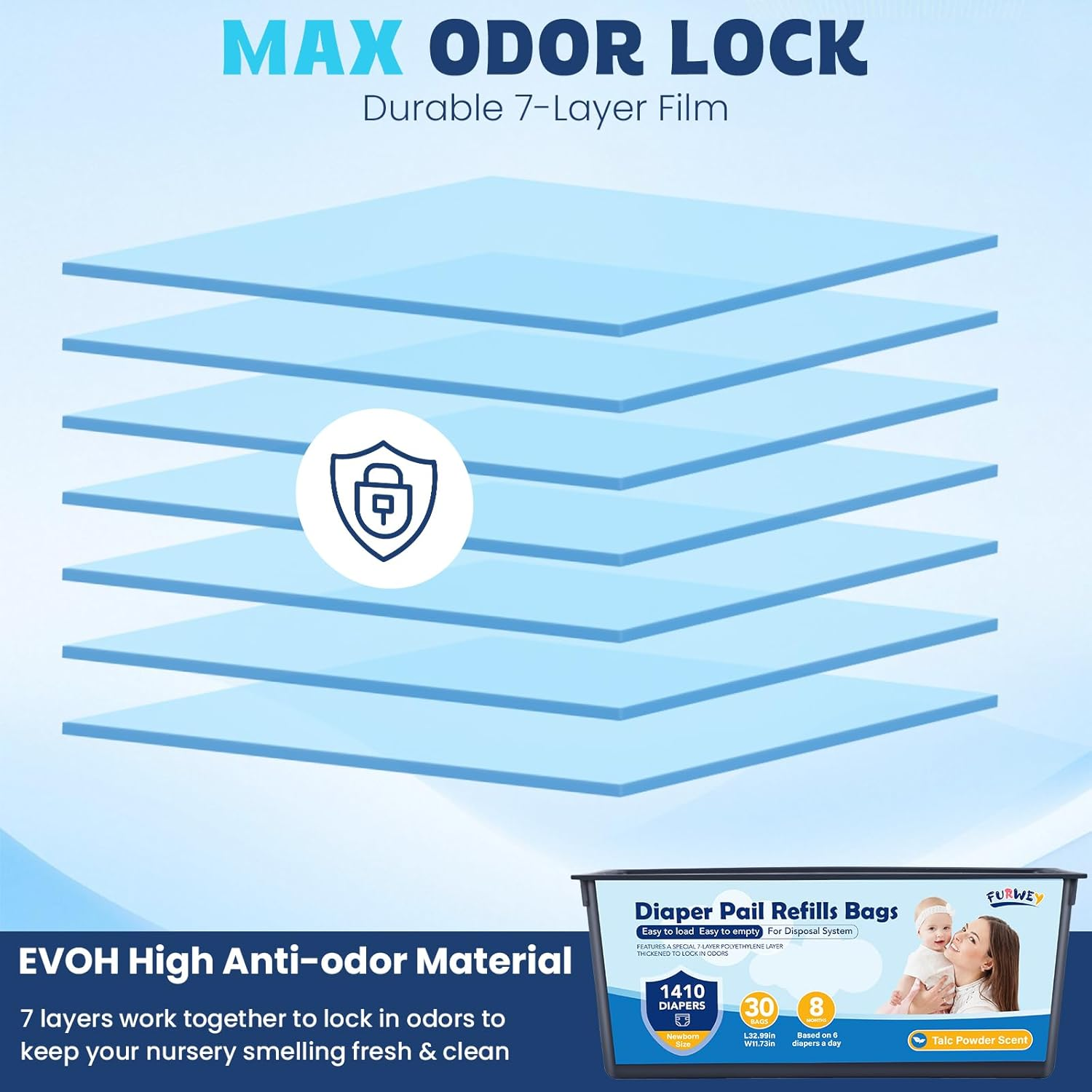 Diaper Pail Refill Bags 30 Bags per Refill Holds up to 5640 Newborn Diapers 7 Layer Odor Barrier Technology 4PACK (120 Bags) image number 6