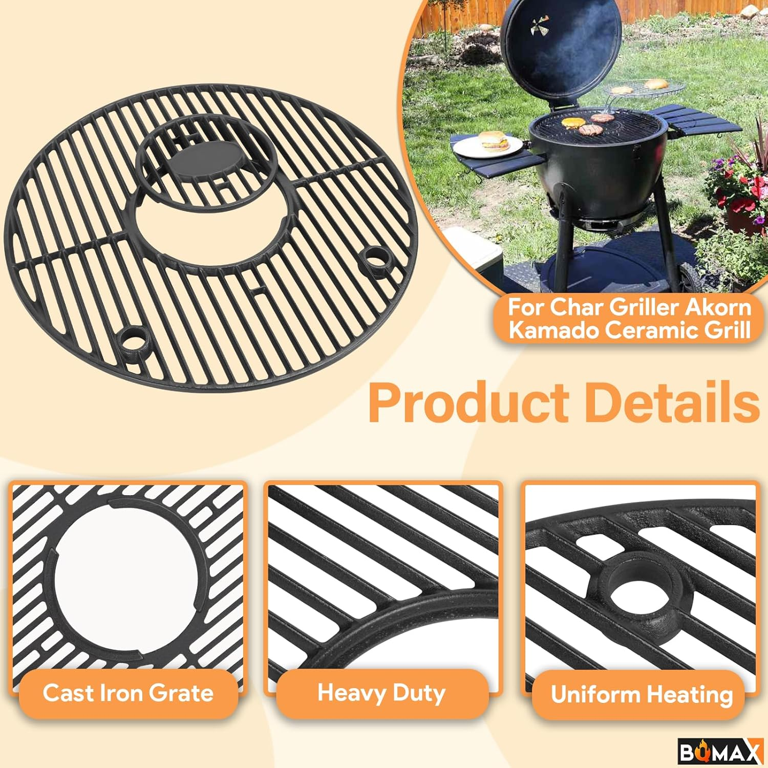 19.5" round Cast Iron Grill Grate Kit for Char Griller Akorn Kamado Ceramic Grill 16220, Pit Boss K24, Louisiana Grills K24, Parts for Char-Griller Replacement Grates, Chargriller Grates Replacement image number 5