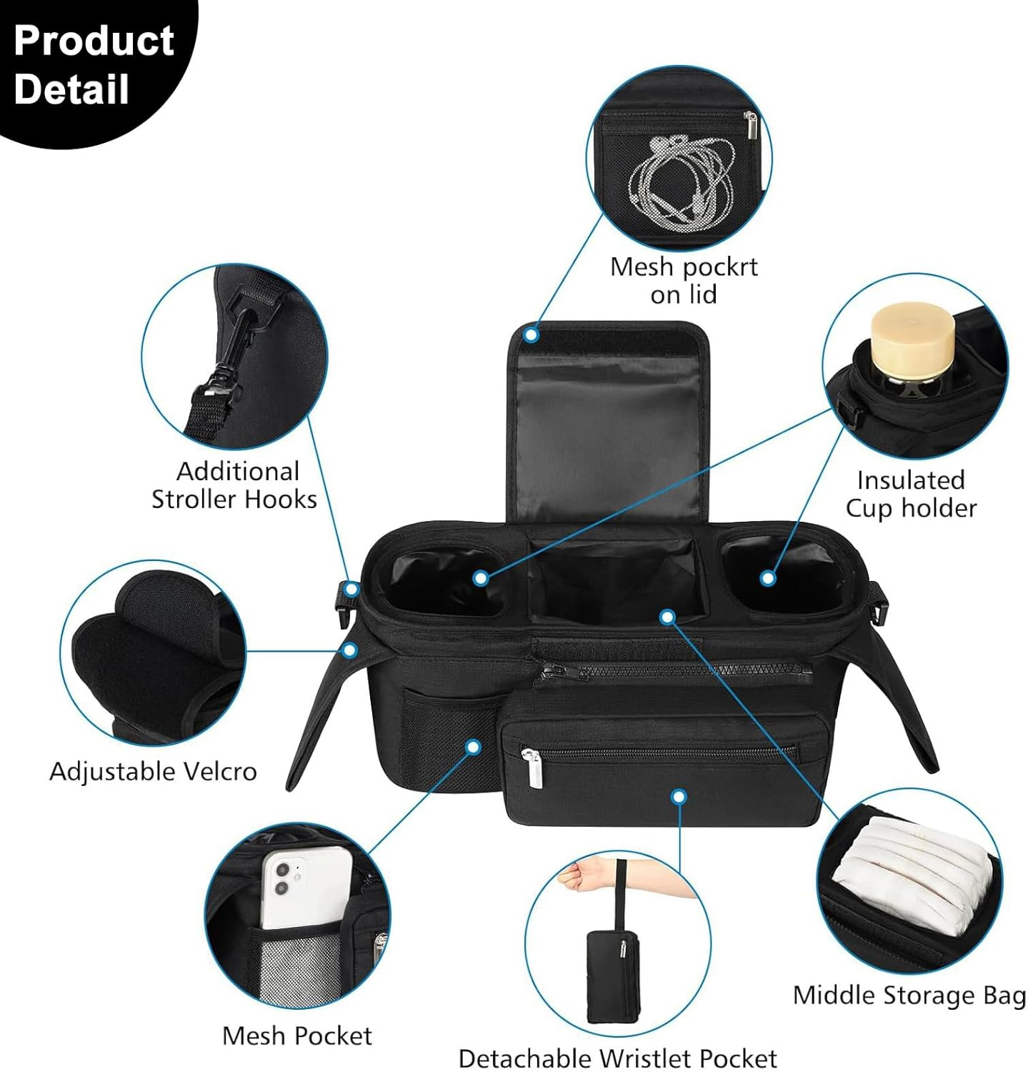 Stroller Organizer Storage Bag with Adjustable Shoulder Strap, Insulated Cup Holder and Detachable Phone Pouch, Suitable for Travel Stroller, Baby Caddy Jogger and Pet Pram, 2 Hooks image number 4