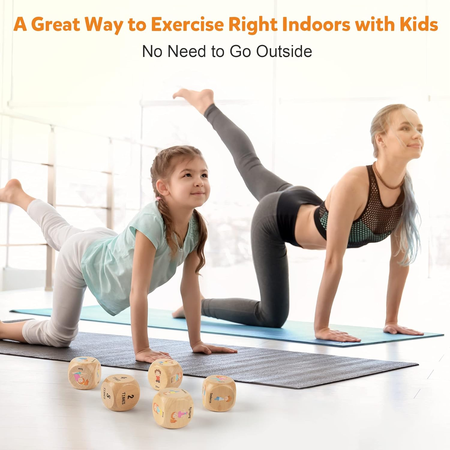 Homotte Wooden Kids' Exercise Dice Set - 6 Dice, 12 Yoga Cards & Gift Box - Fun Workout Game for Girls & Beginners