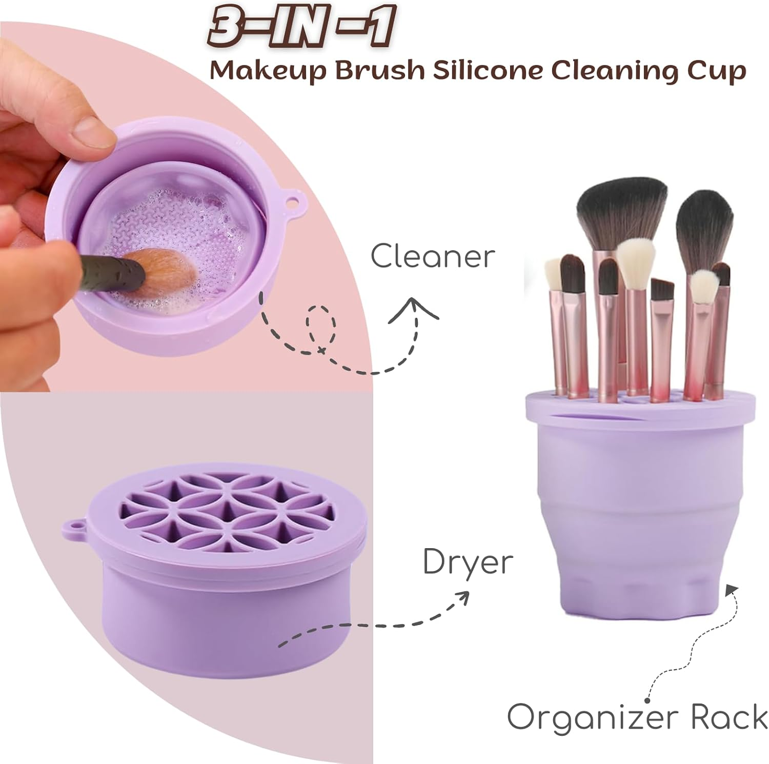 3-IN-1 Silicone Makeup Brush Cleaner & Holder - Portable Folding Washing Tool,Travel-Friendly Brush Cleaner Mat for Brushes,Sponge,Powder Puff - Cosmetic Brush Cleaning & Drying Organizer-Purple - Purple image number 2