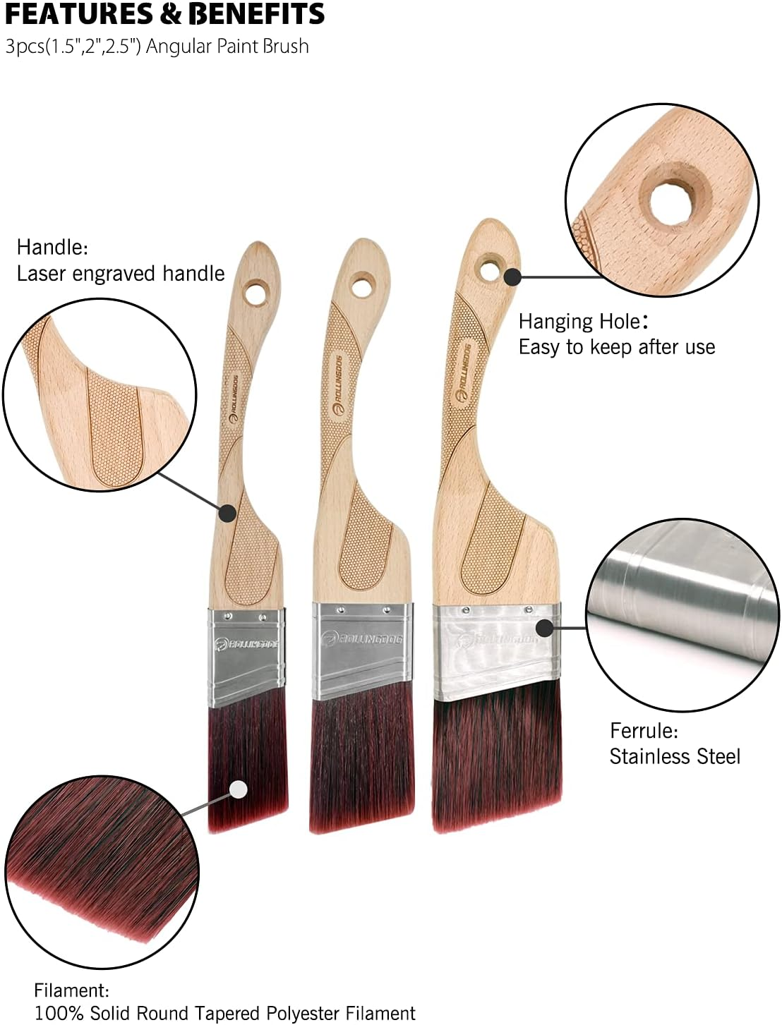 ROLLINGDOG Angled Paint Brush - Trim Brush with Ergonomic Wood Handle for Wall, Furniture, Cutting in Painting,3Pc(1.5",2",2.5") image number 5