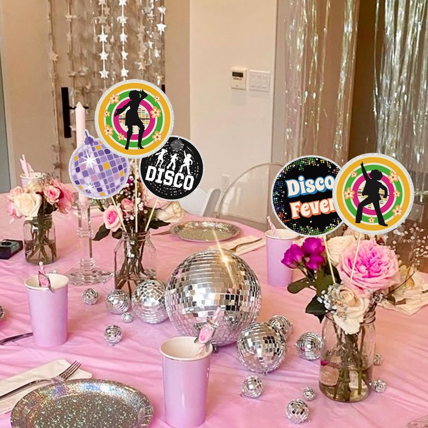 Back to 70S Centerpiece Sticks - 15Pcs 70S Disco Party Themed Birthday Table Toppers - 70S Nostalgic Party Supplies Disco Ball Music Theme Party Birthday Party Wedding Party Decorations image number 3