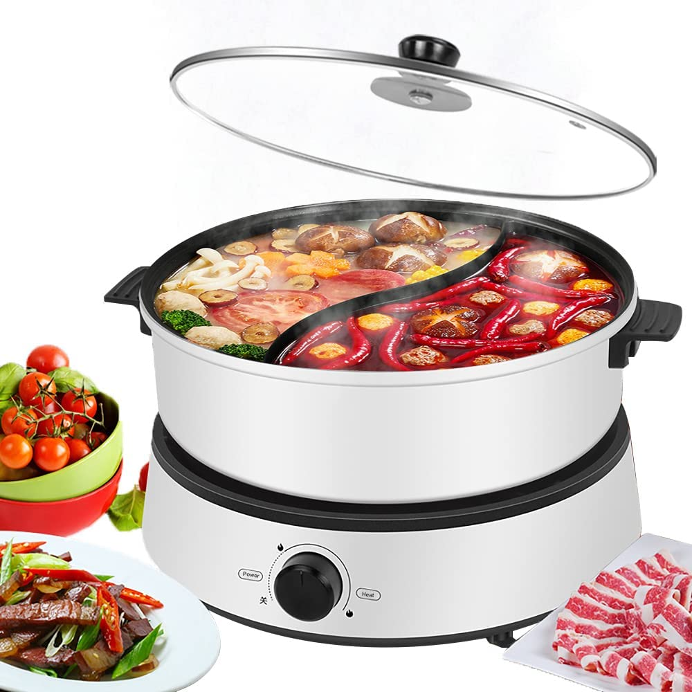 Electric Dual-Sided Shabu Shabu Hot Pot with Divider, 4L Double Flavor Non-Stick Hot Pot with Multi-Power Control, Electric Cooker with Glass Lid for Party, Family Gathering image number 4