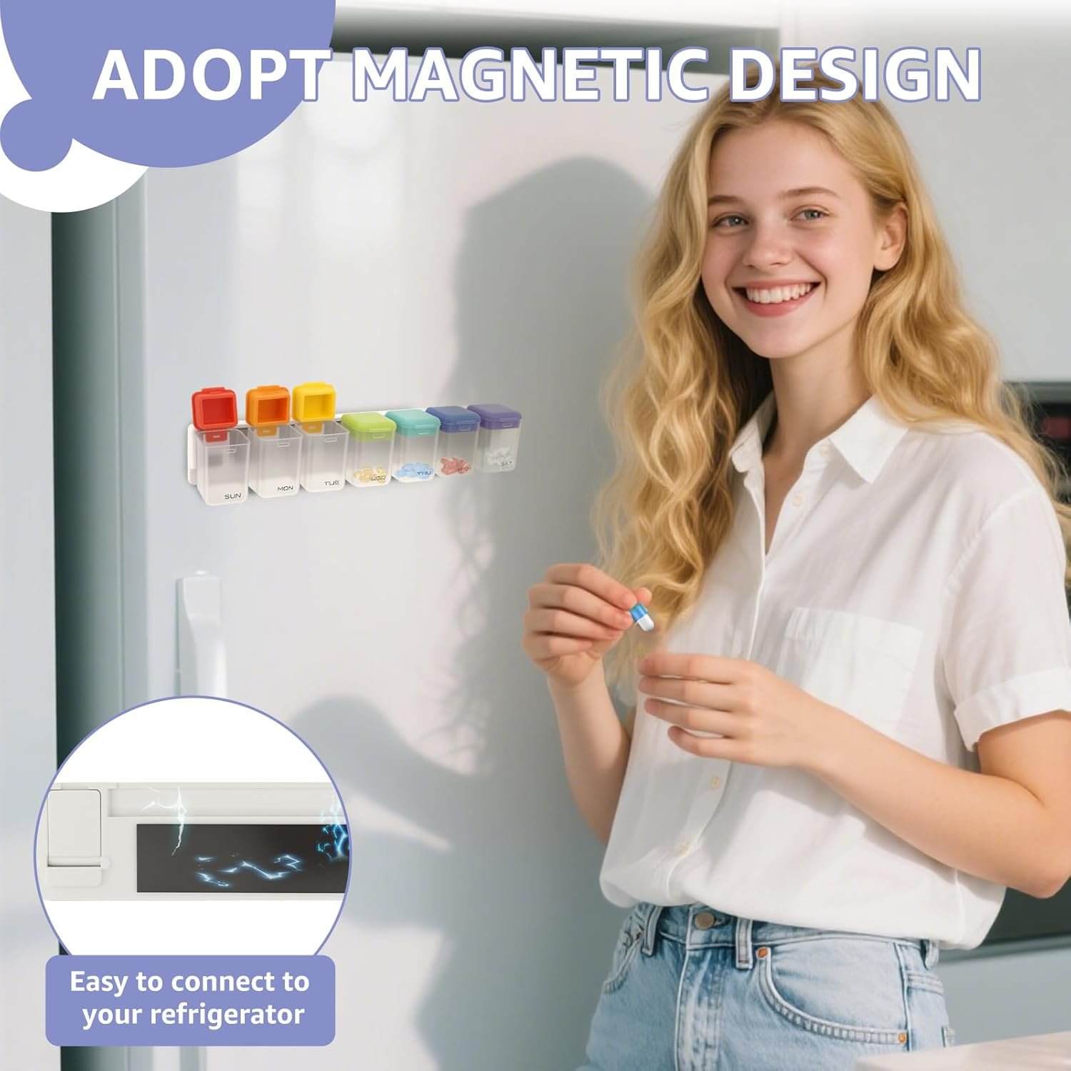 Plastic Magnetic Weekly Pill Organizer, Removable Large Capacity Weekly Pill Dispenser Box, with Sealed Lid for Supplement Vitamins Fish Oil (Colourful) image number 6