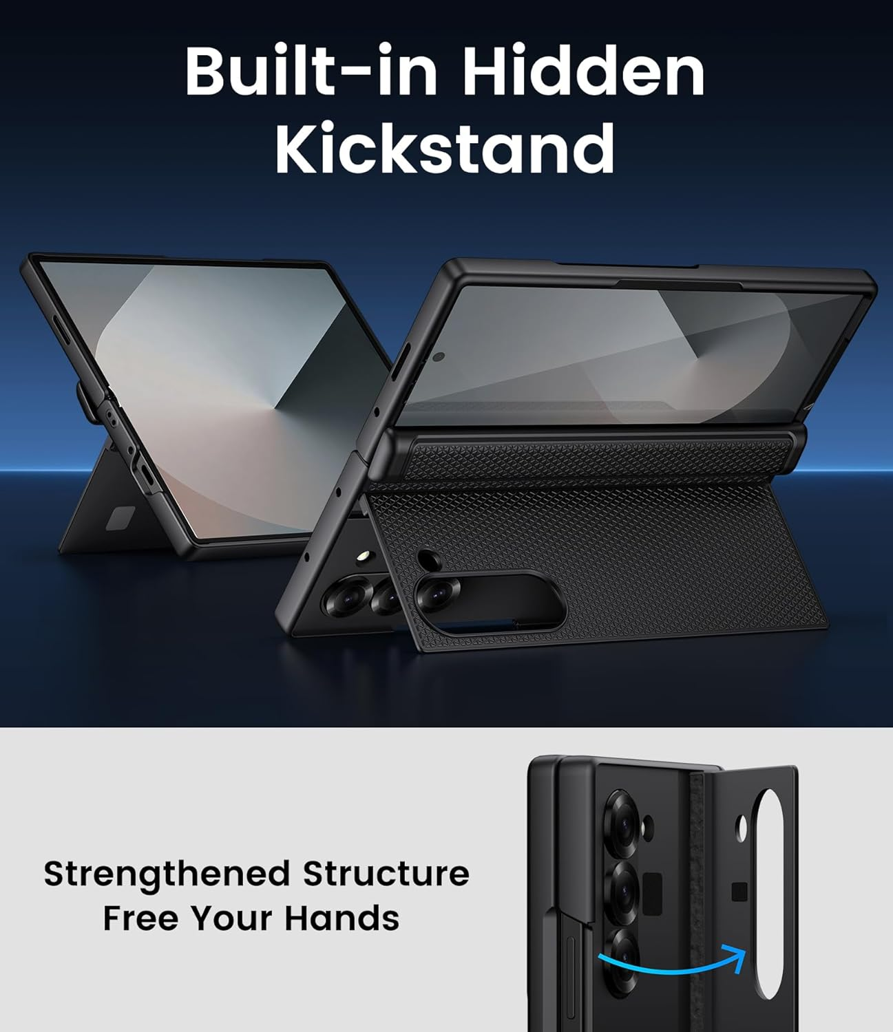 SIXBOX for Samsung Galaxy Z Fold 6 Case Slim with Stand, Tempered Screen Protector & Hinge Protection & Slim Thin, 360&deg; Full Body Rugged Hard Protective Phone Case for Galaxy Z Fold 6 5G 2024, Black - Black image number 5