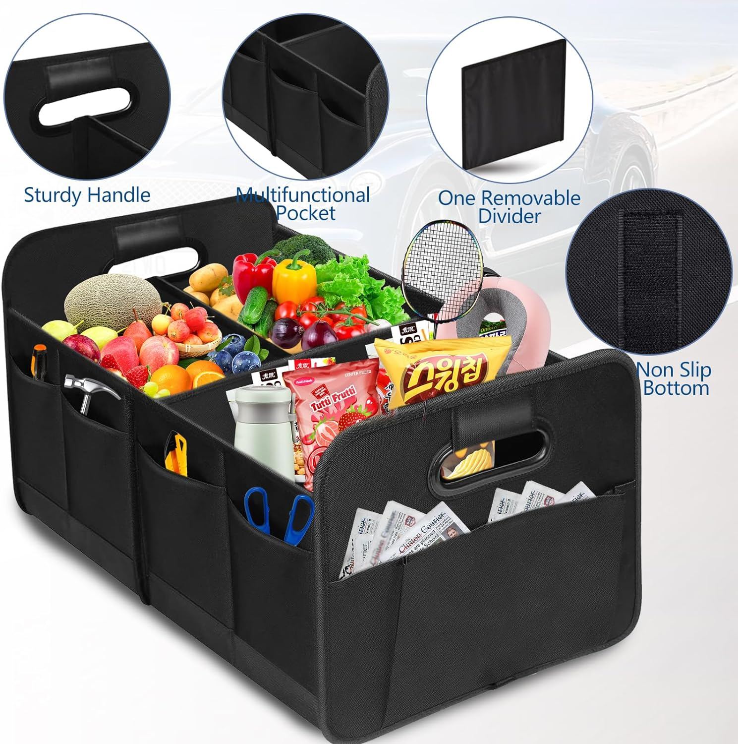 Car Trunk Organizer, Vehicle Boot Storage Bag, Super Capacity Seatback Collapsible Adjustable Compartment Reinforced Handles Trunk Tidy Cargo Organiser 600D for Sedan SUV RV ORV image number 5