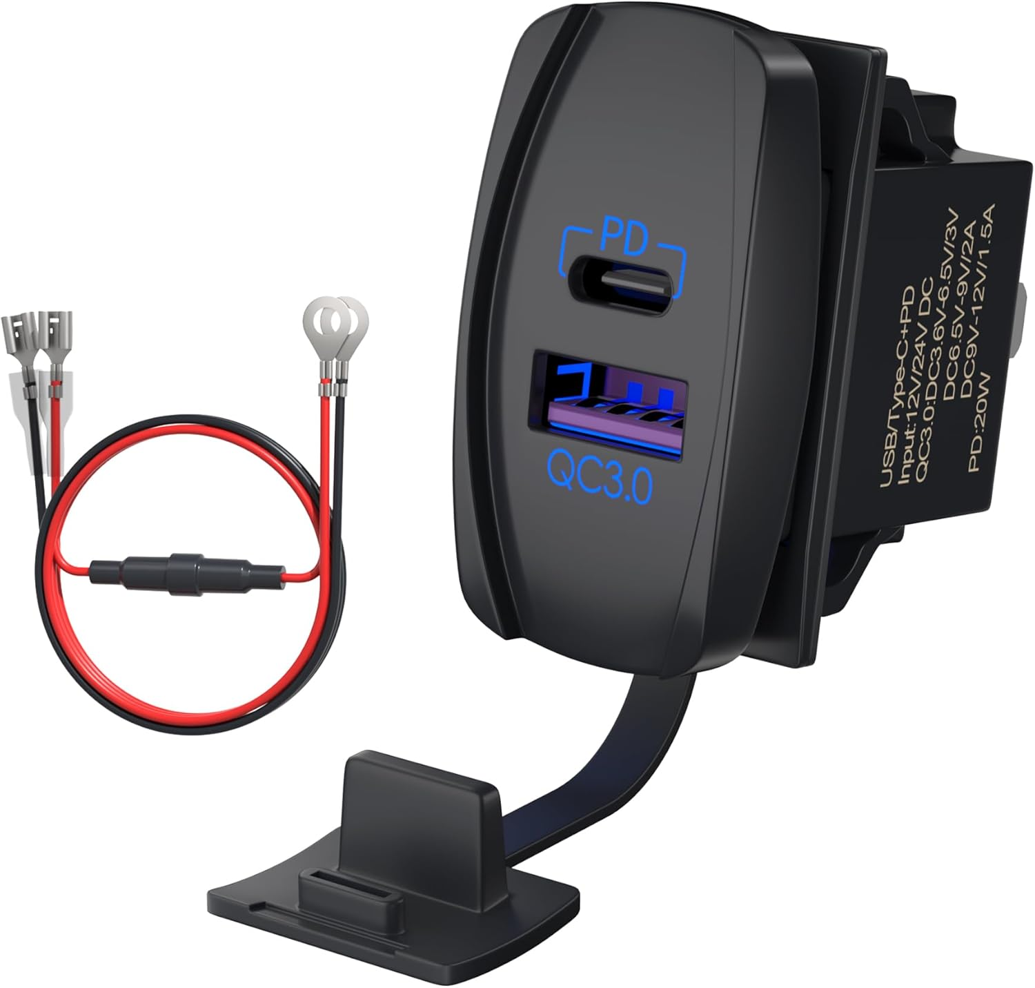 DAIERTEK USB Rocker Switch 12V Waterproof USB C & QC 3.0 Dual Ports Outlet PD Charger Socket for Car, UTV, RZR, RV, Truck, Marine